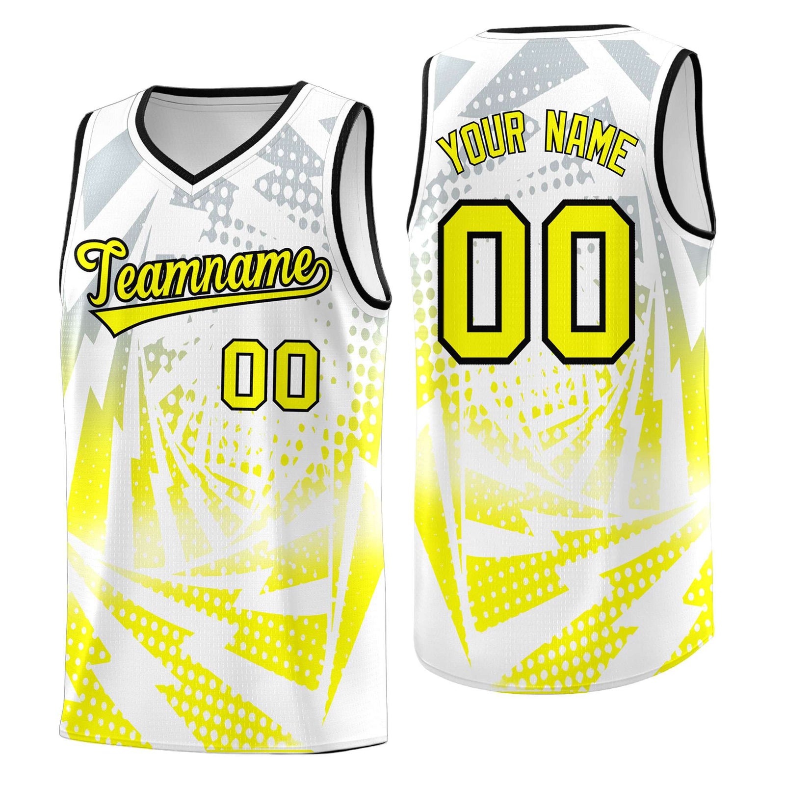 Custom Youth Basketball Jerseys White Fluorescent Yellow Lightning Halftone Personalized Team Uniforms