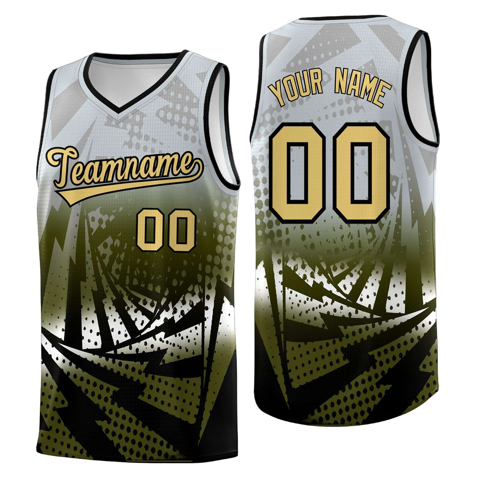 Custom Youth Basketball Jerseys Silver Gray Olive Lightning Design Halftone Personalized Uniforms