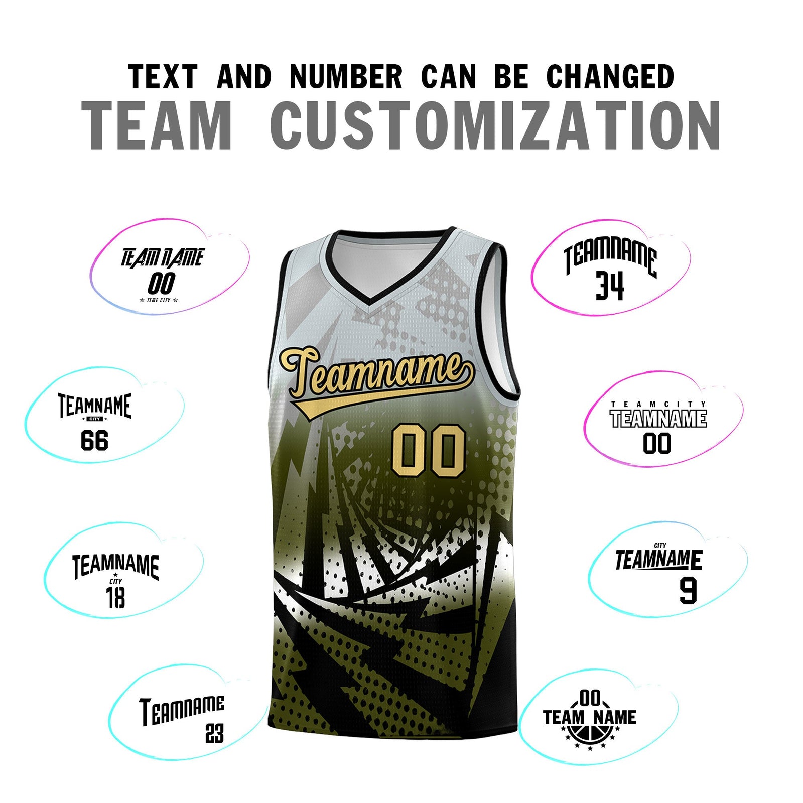 Custom Youth Basketball Jerseys Silver Gray Olive Lightning Design Halftone Personalized Uniforms