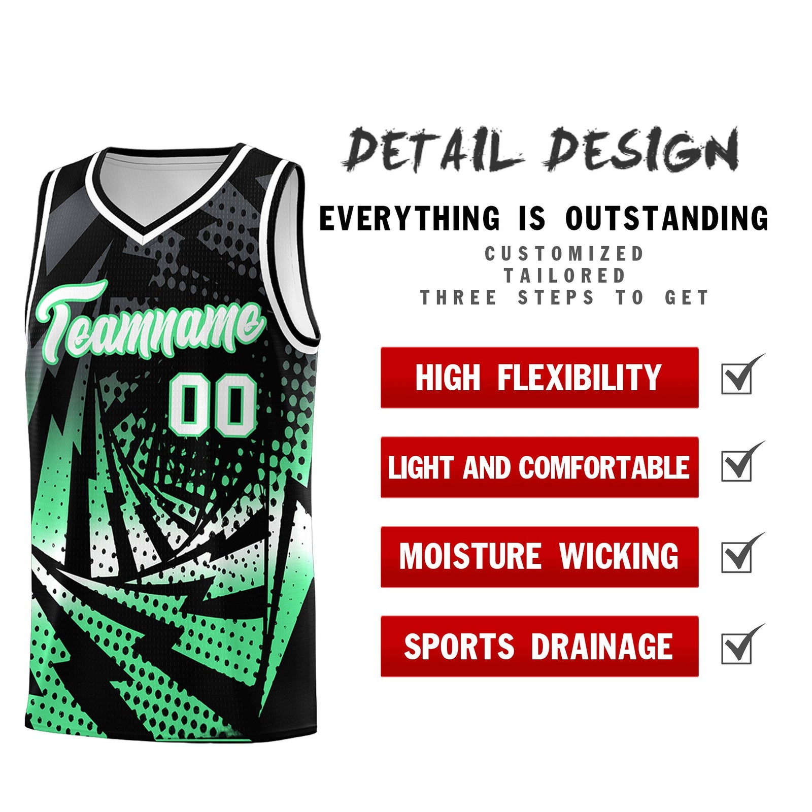 Custom Youth Basketball Jerseys Black Green Lightning Design Halftone Personalized Uniforms