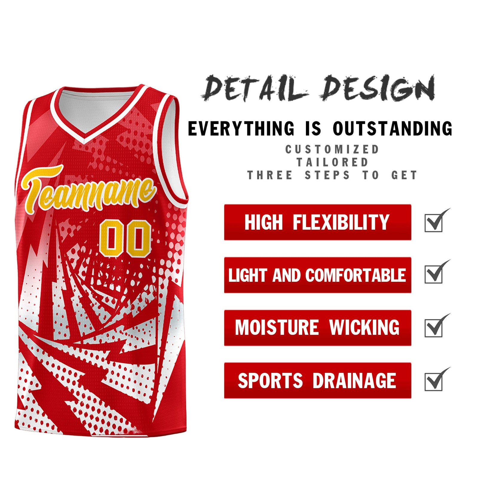 Custom Youth Basketball Jerseys Red White Lightning Halftone Personalized Team Uniforms