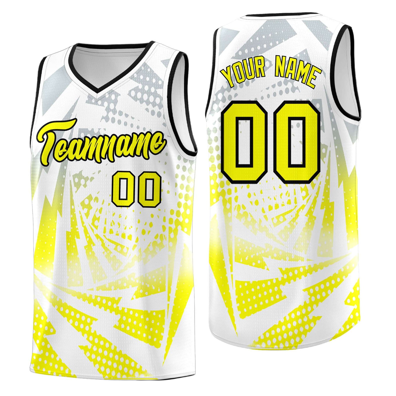 Custom Youth Basketball Jerseys White Fluorescent Yellow Lightning Halftone Personalized Team Uniforms
