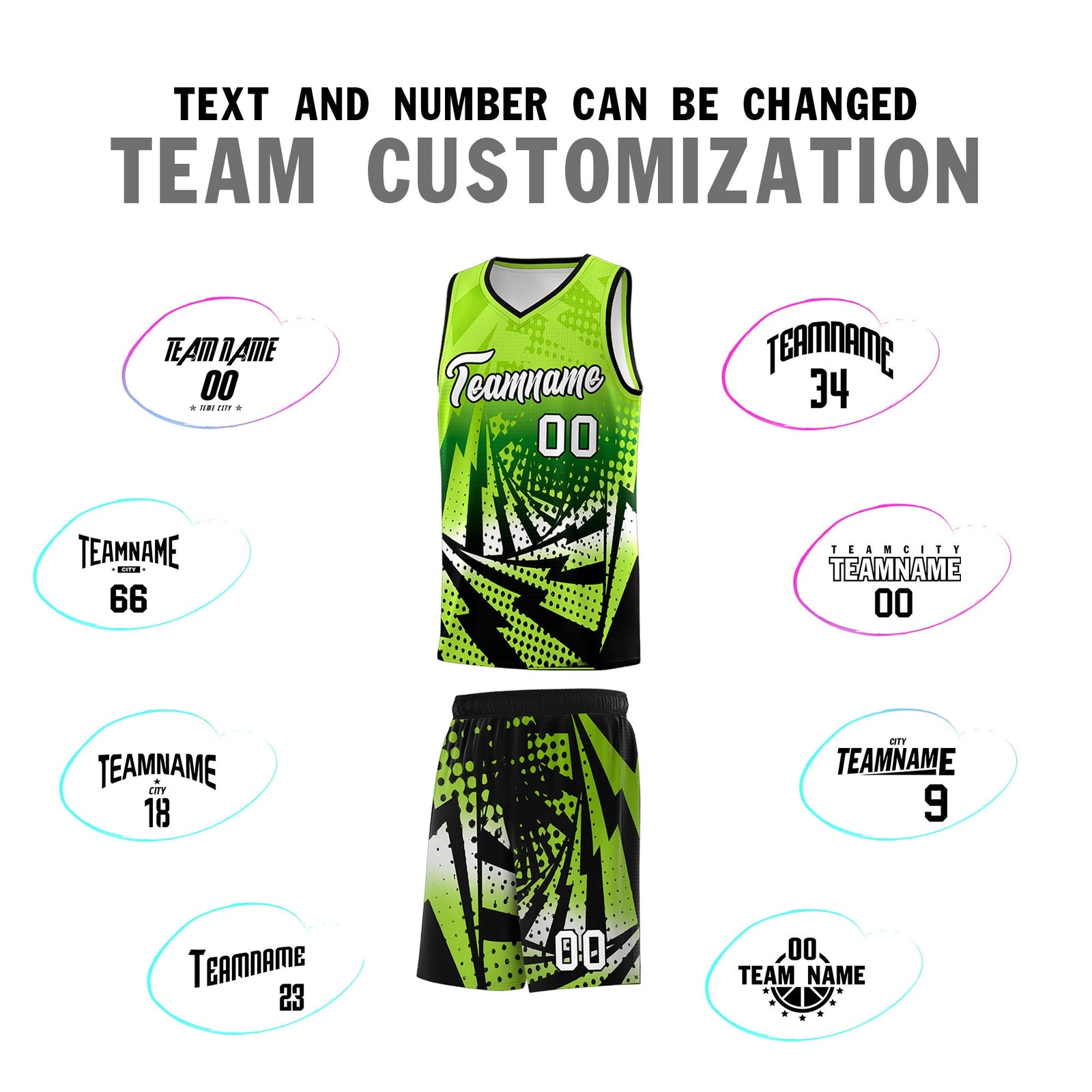 Custom Youth Basketball Jerseys Neon Green Black Lightning Halftone Personalized Team Uniforms