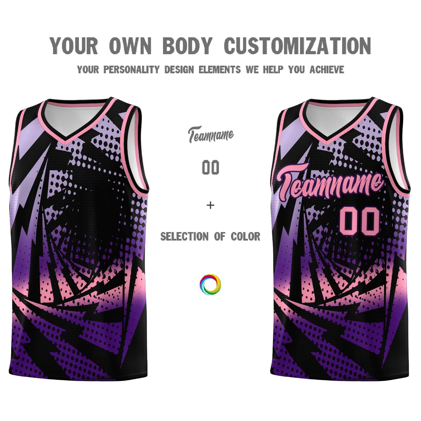 Custom Youth Basketball Jerseys Black Purple Lightning Halftone Personalized Team Uniforms