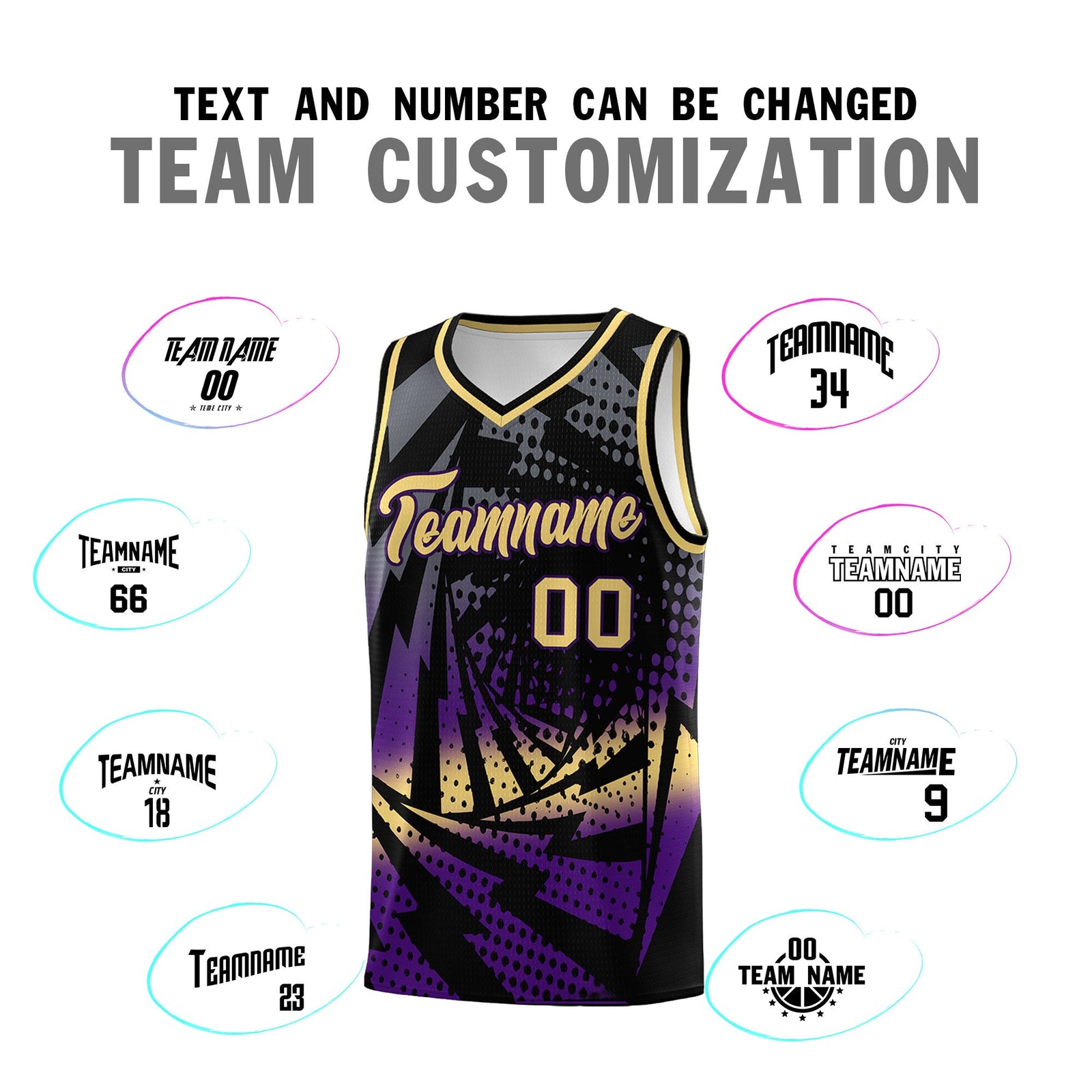 Custom Youth Basketball Jerseys Black Purple Lightning Design Halftone Personalized Uniforms