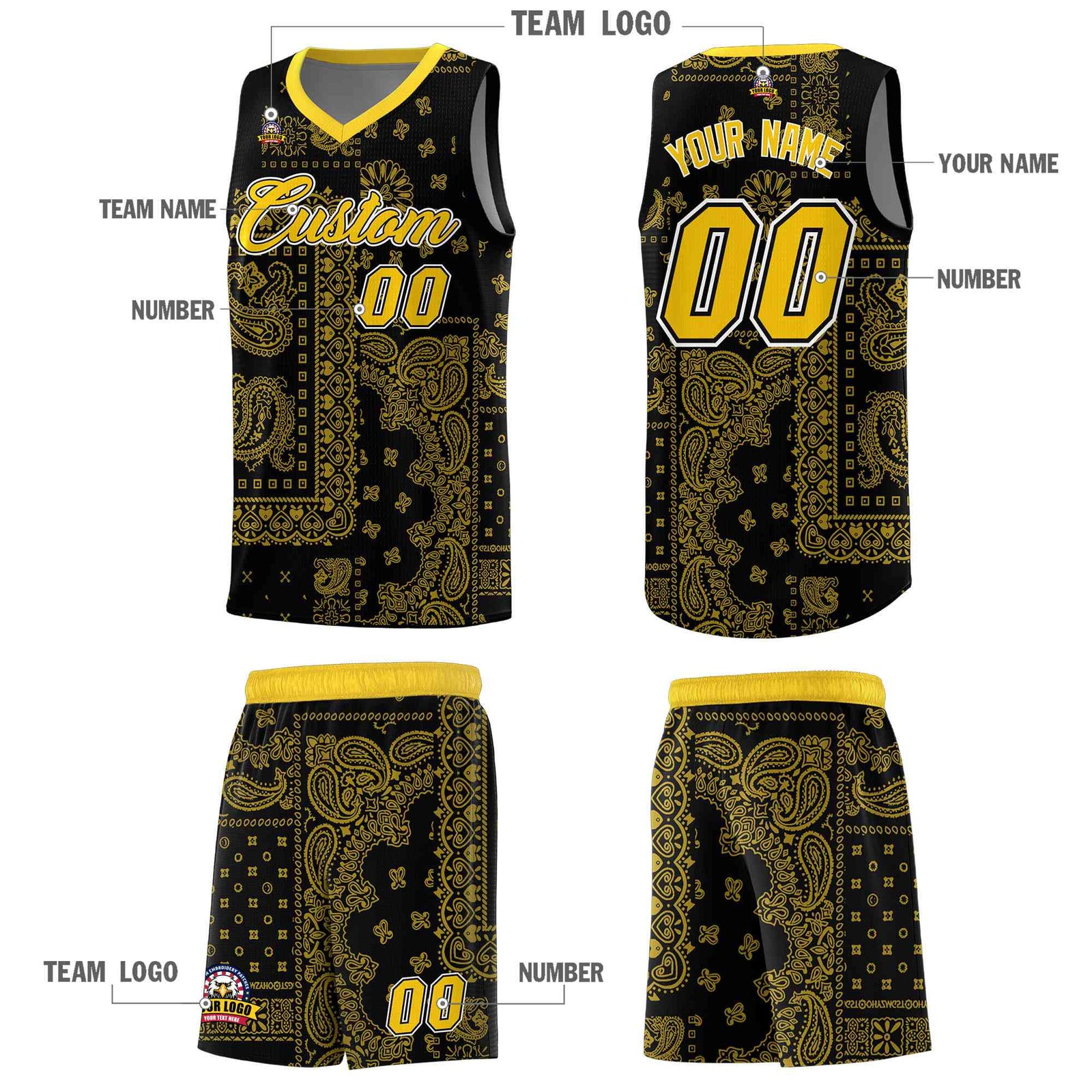 Custom Black Basketball Kits With Gold Cashew Flower Print Pattern