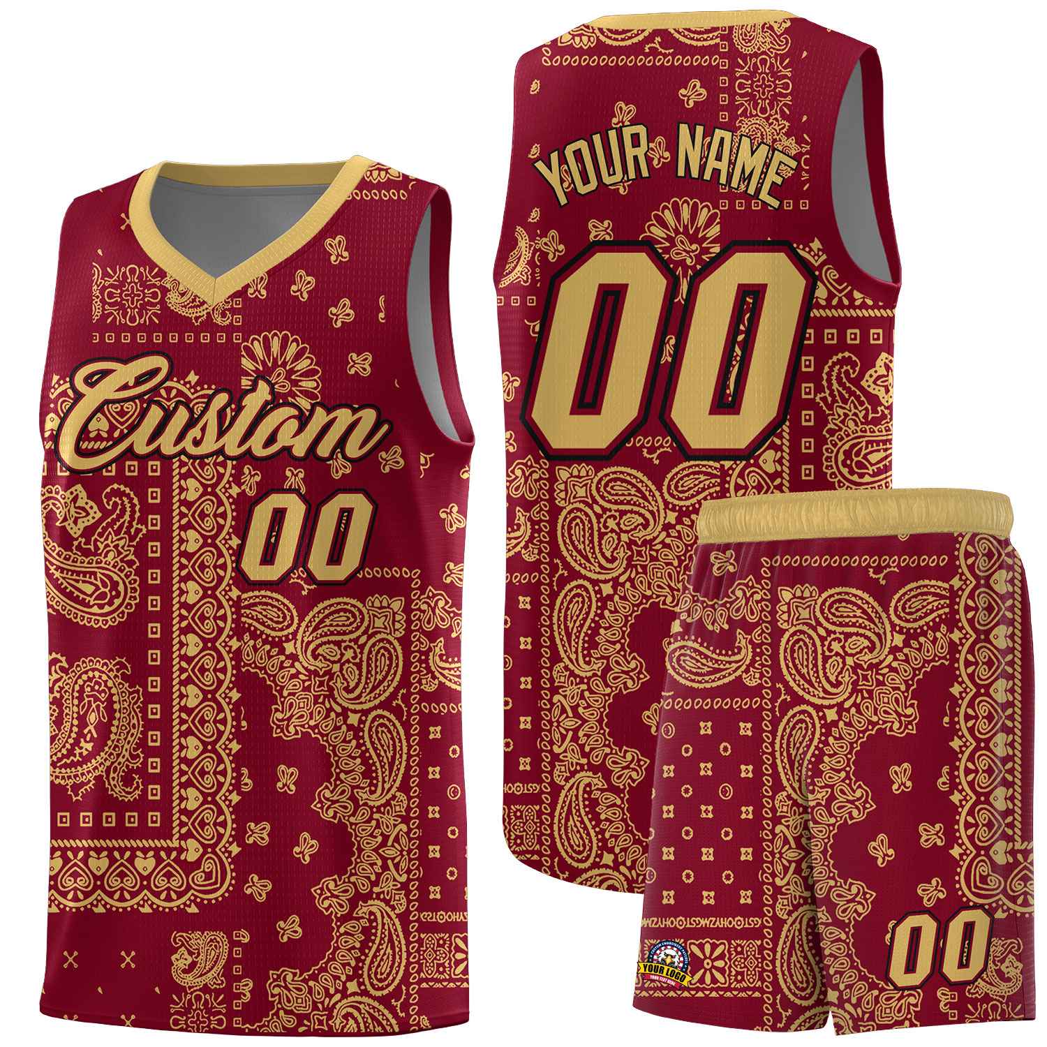 Custom Crimson Basketball Kits With Old Gold Cashew Flower Print Pattern