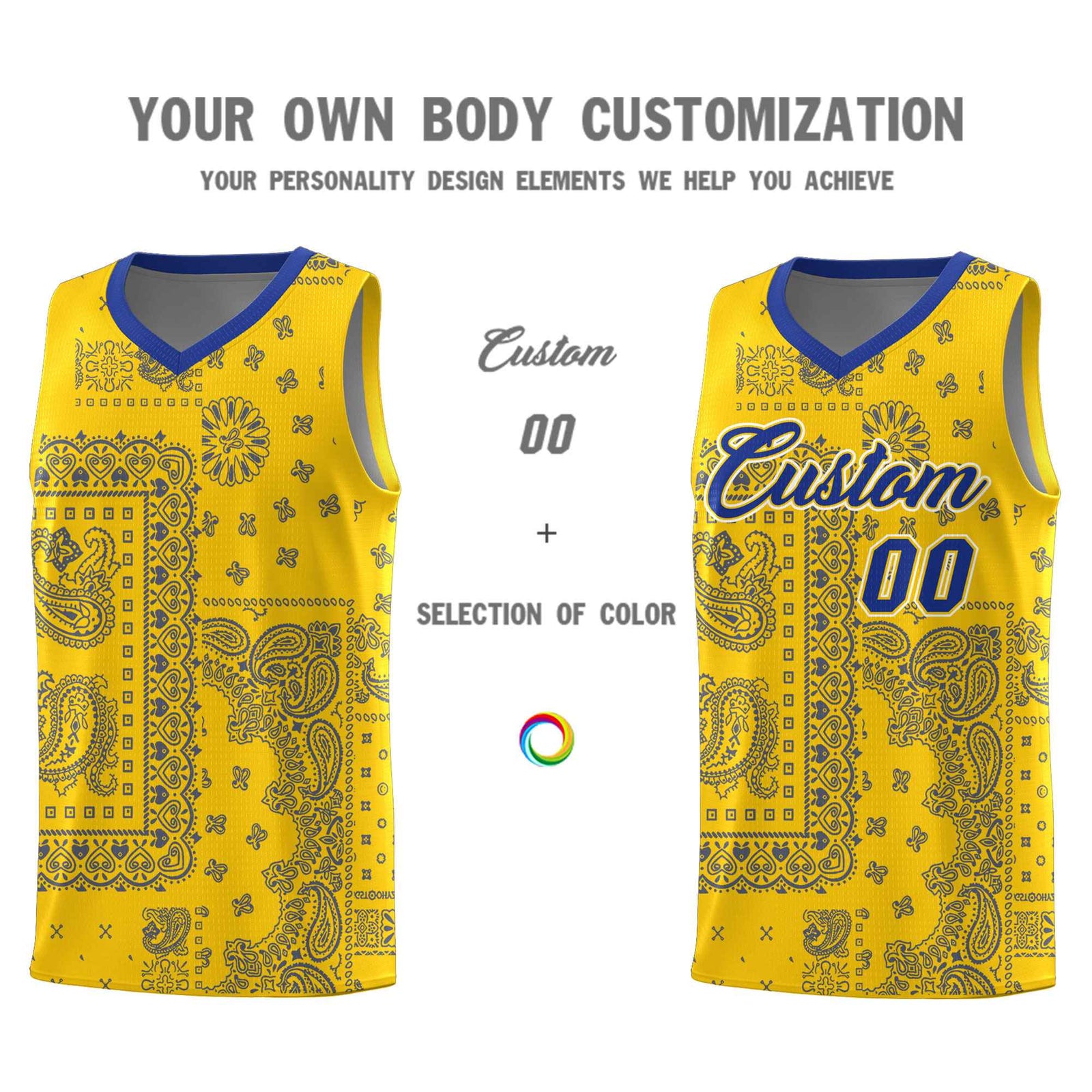 Custom Gold Basketball Kits With Royal Cashew Flower Print Pattern