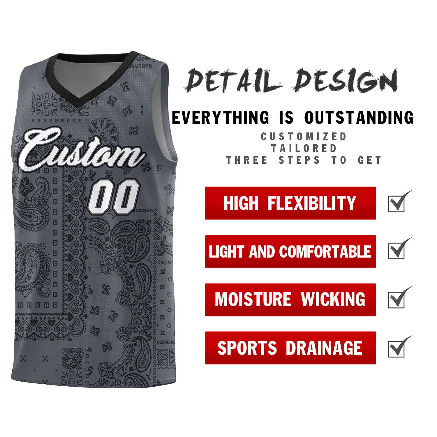 Custom Gray Basketball Kits With Black Cashew Flower Print Pattern