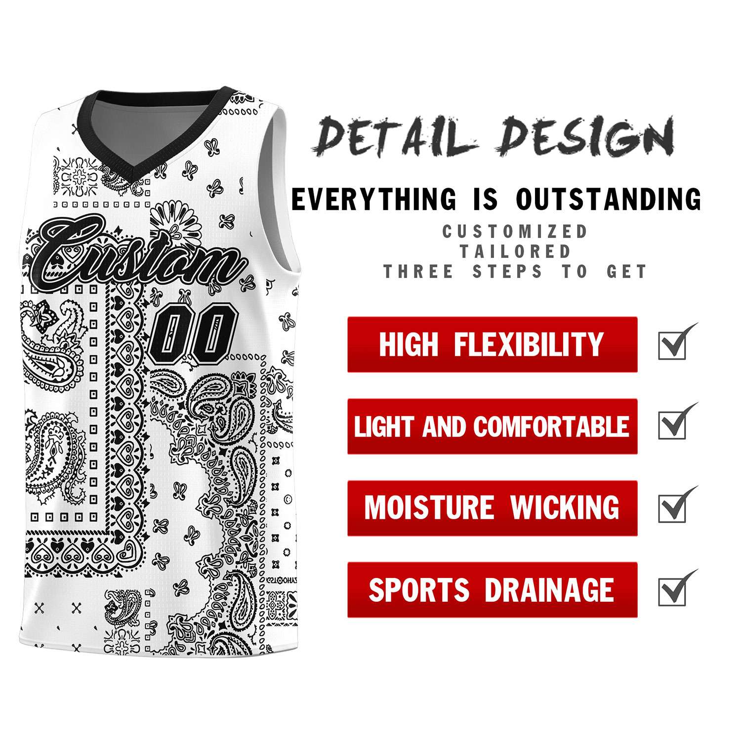 Custom White Basketball Kits With Black Cashew Flower Print Pattern