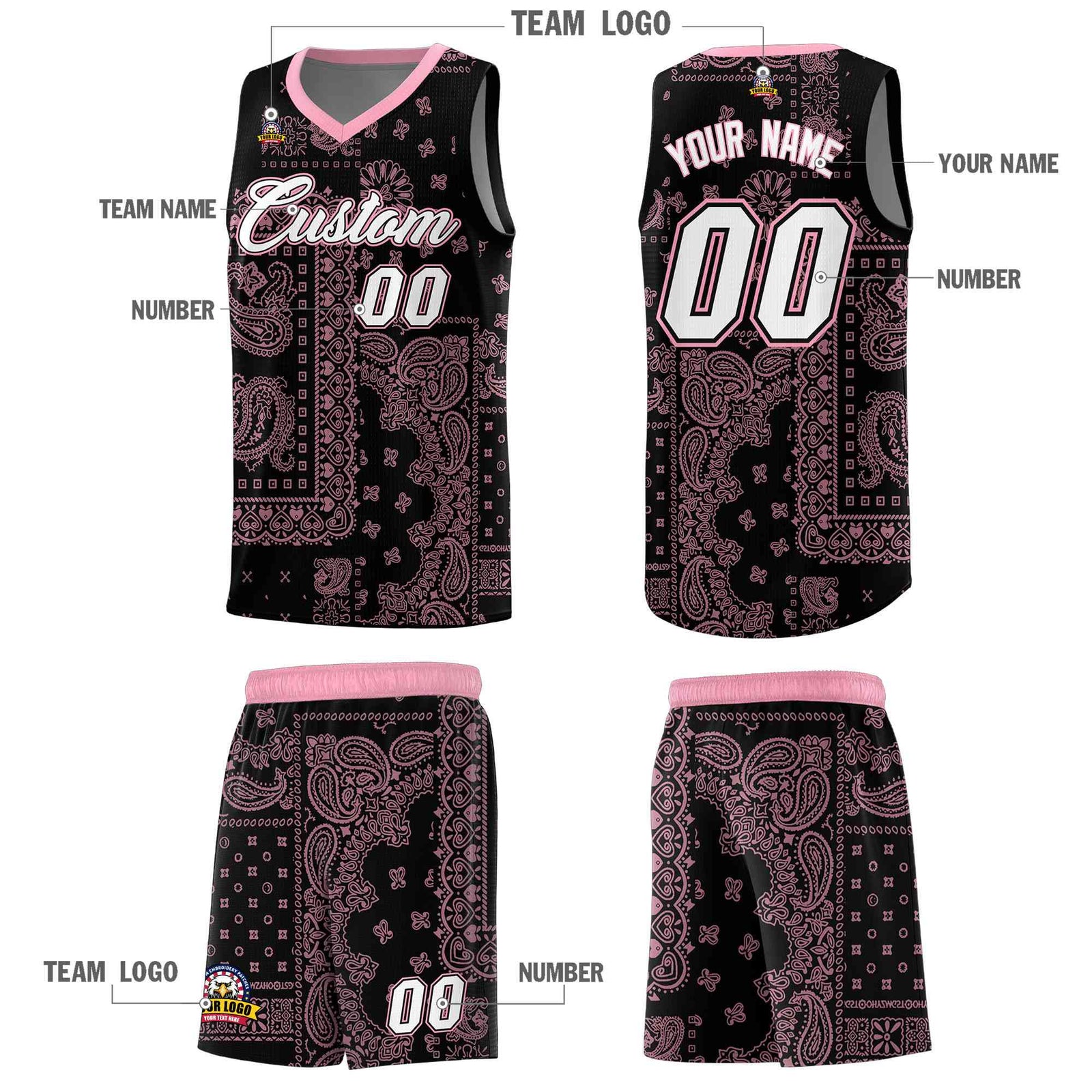 Custom Black Basketball Kits With Light Pink Cashew Flower Print Pattern