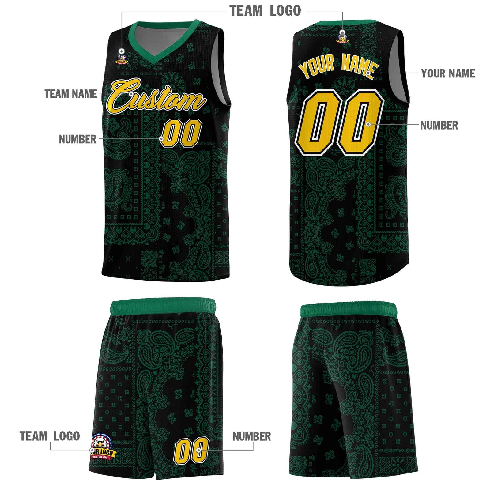Custom Black Basketball Kits With Kelly Green Cashew Flower Print Pattern