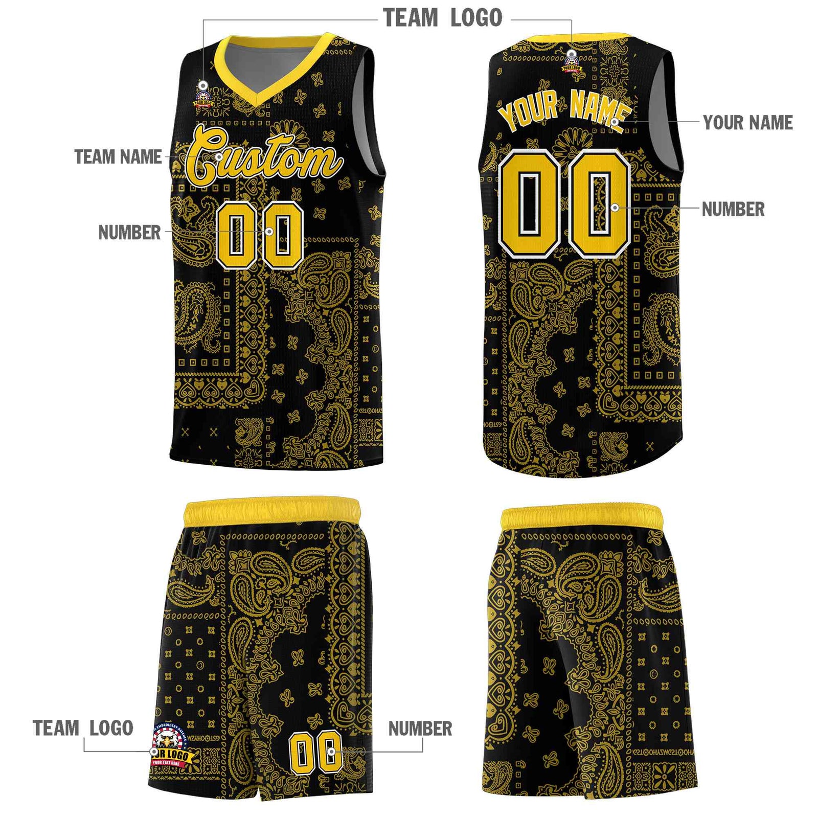 Custom Black Basketball Kits With Gold Cashew Flower Print Pattern