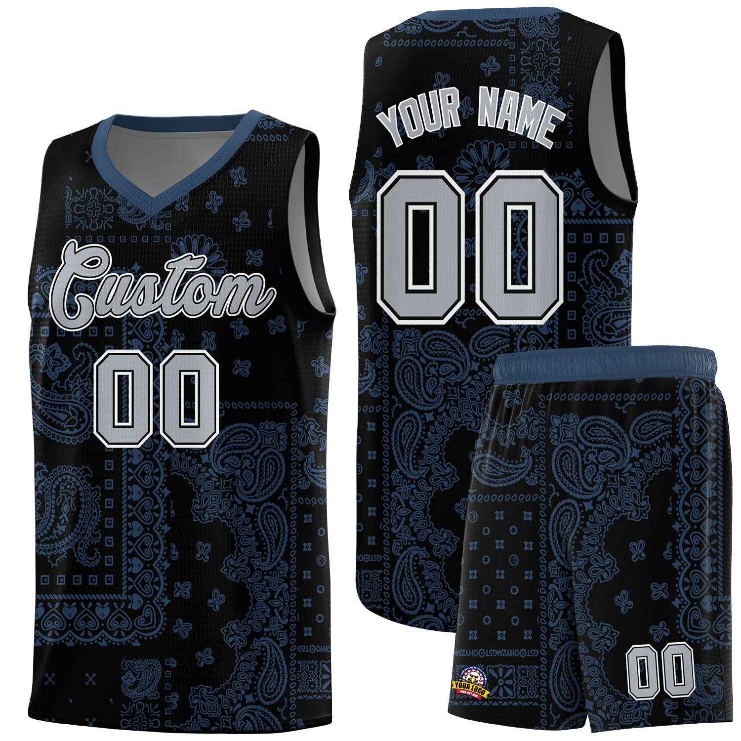Custom Black Basketball Kits With Midnight Blue Cashew Flower Print Pattern