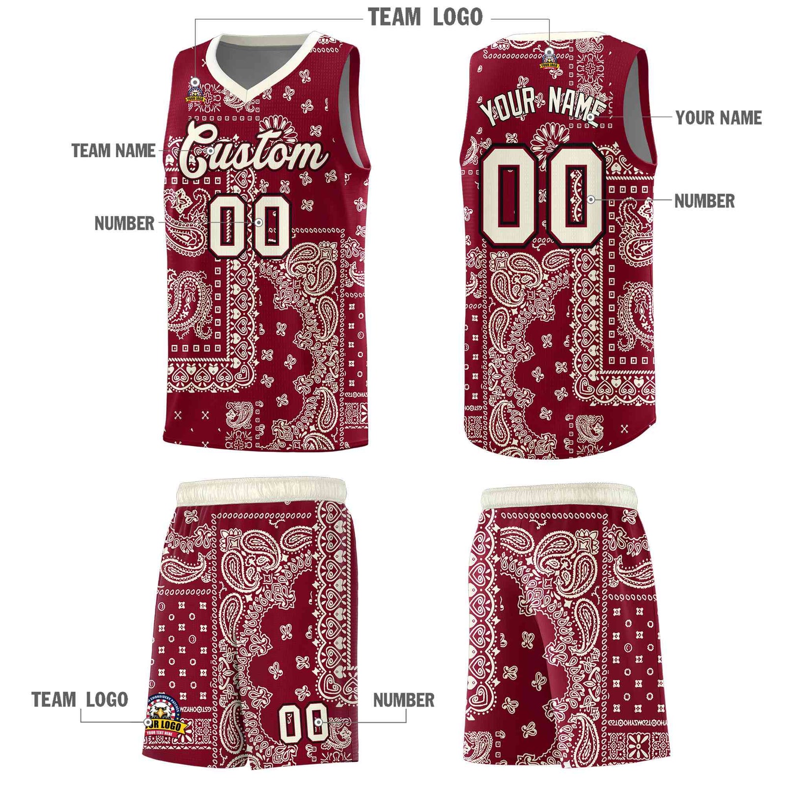Custom Crimson Basketball Kits With Cream Cashew Flower Print Pattern