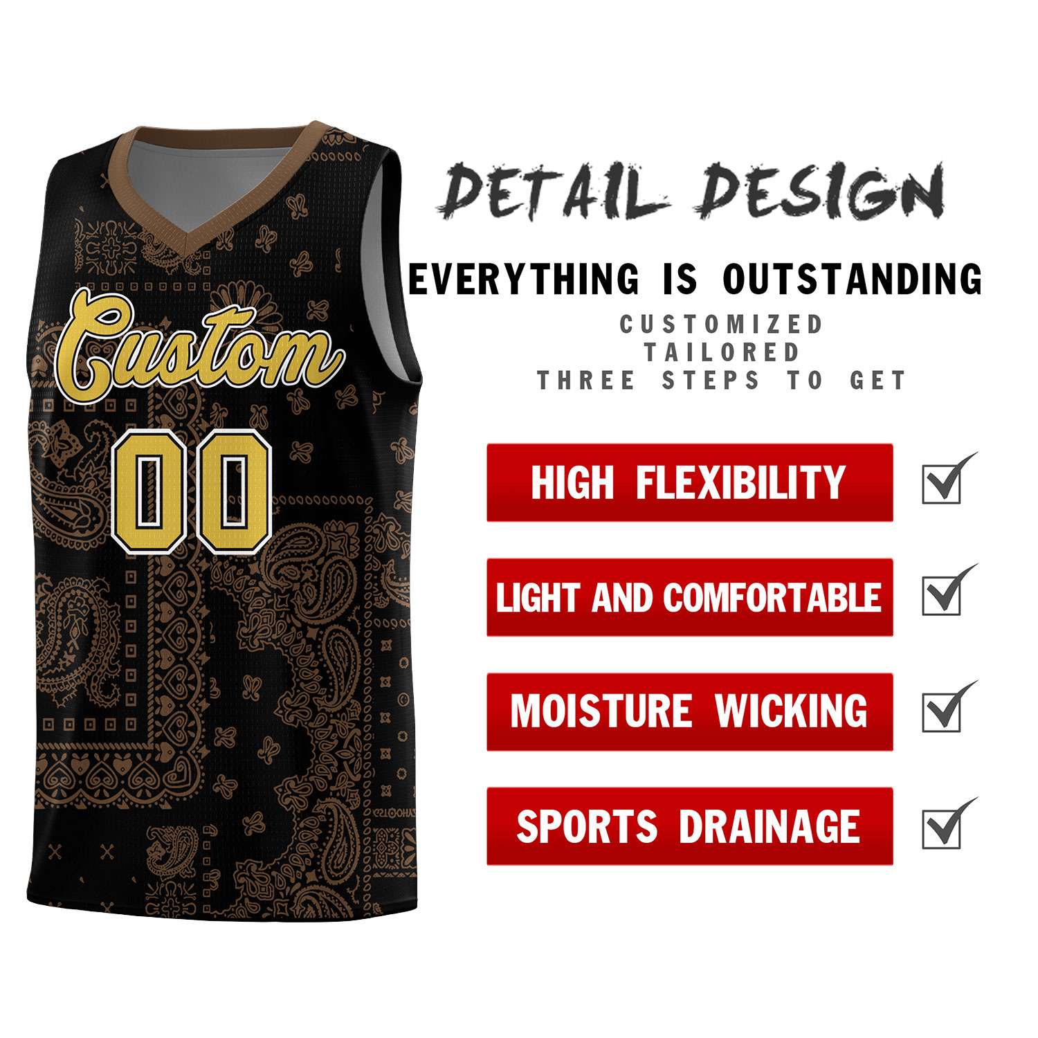 Custom Black Basketball Kits With Light Brown Cashew Flower Print Pattern