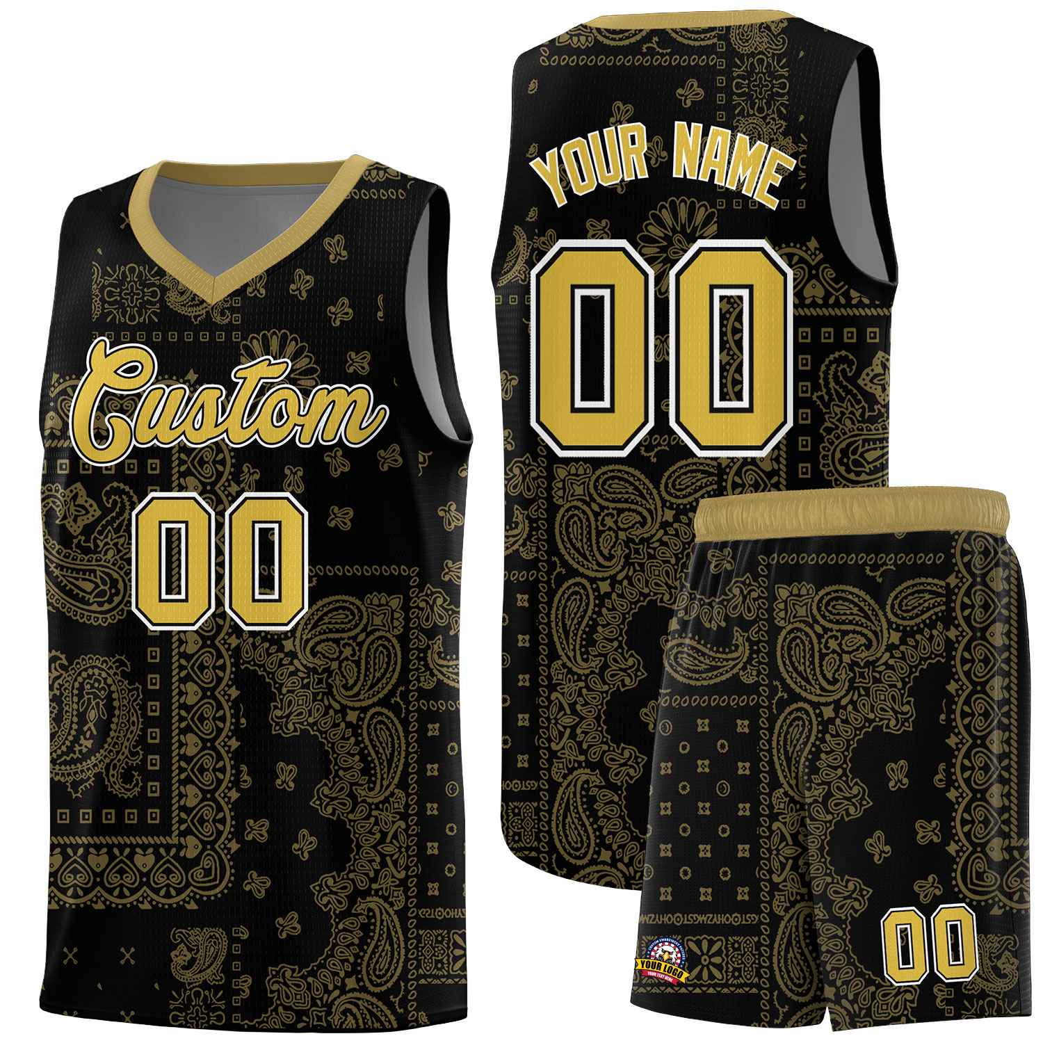 Custom Black Basketball Kits With Old Gold Cashew Flower Print Pattern