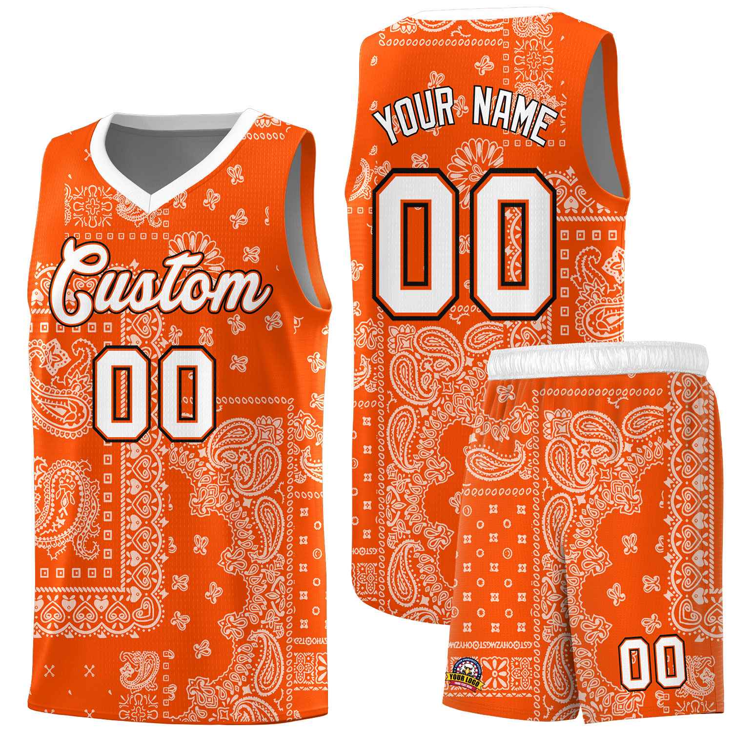 Custom Orange Basketball Kits With White Cashew Flower Print Pattern