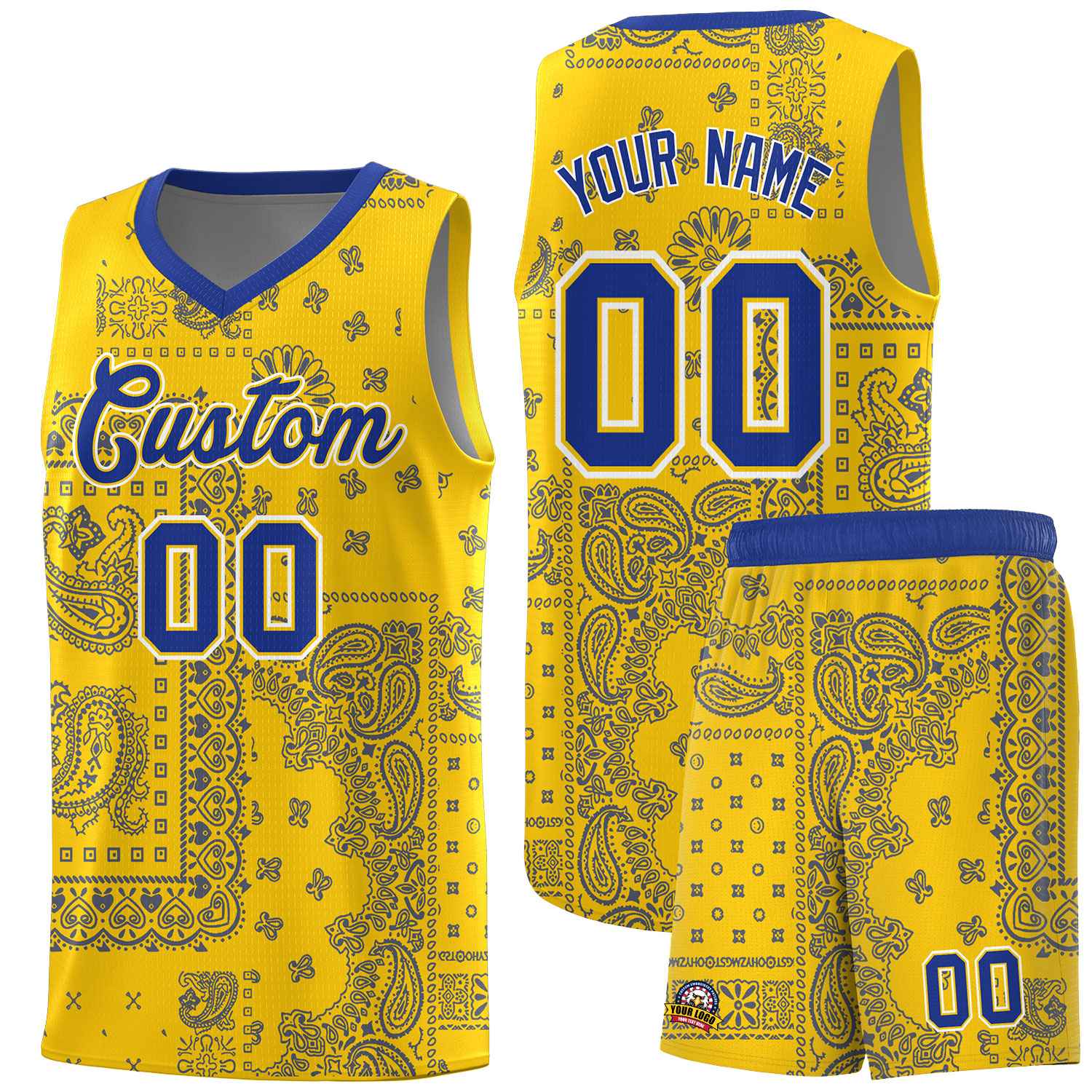 Custom Gold Basketball Kits With Royal Cashew Flower Print Pattern