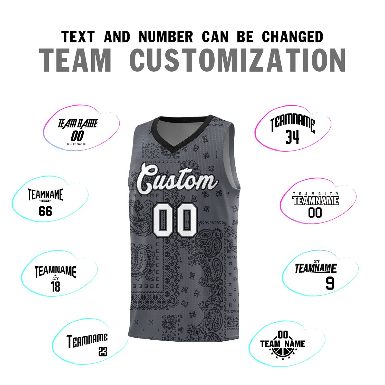 Custom Gray Basketball Kits With Black Cashew Flower Print Pattern