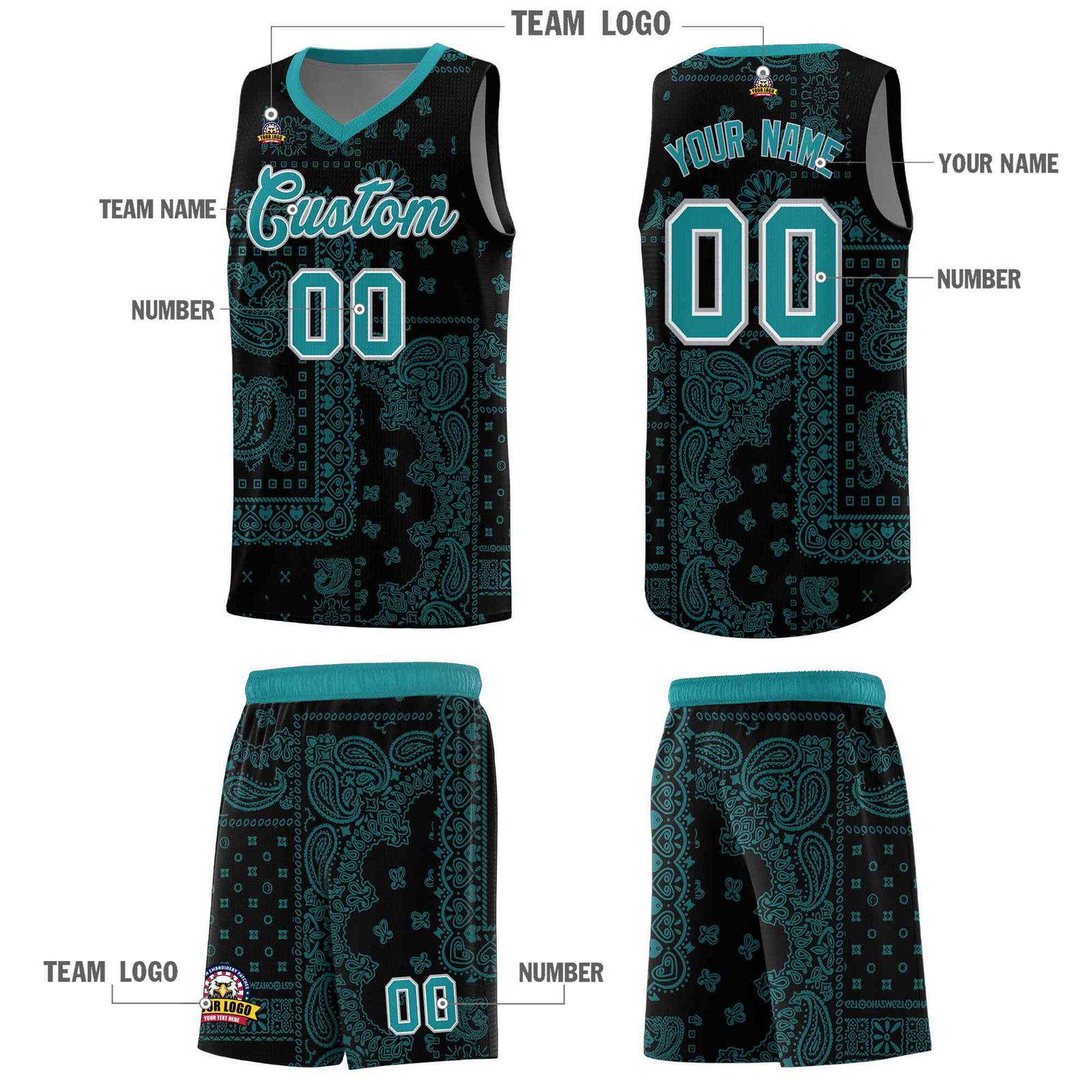 Custom Black Basketball Kits With Aqua Cashew Flower Print Pattern