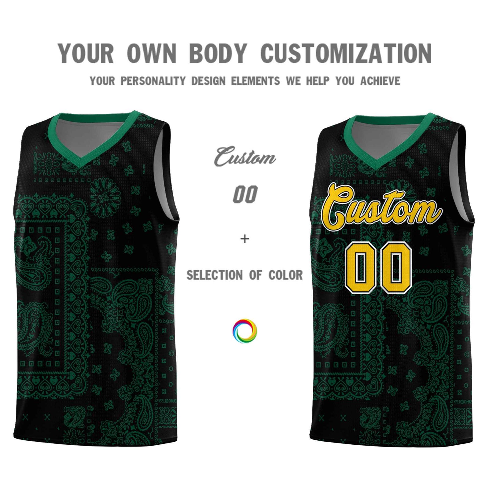 Custom Black Basketball Kits With Kelly Green Cashew Flower Print Pattern