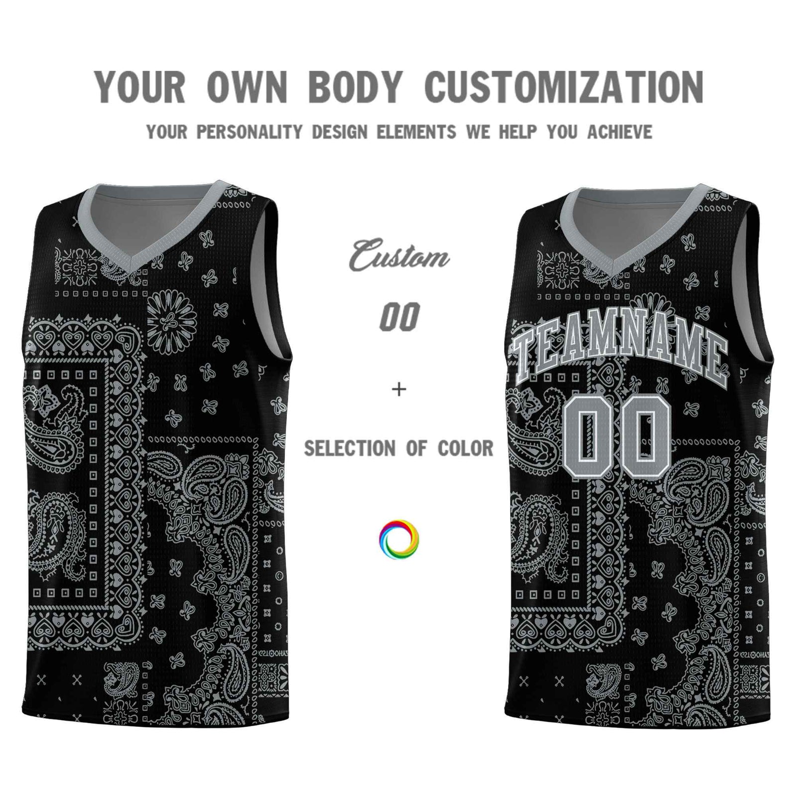 Custom Black Basketball Kits With Silver Cashew Flower Print Pattern