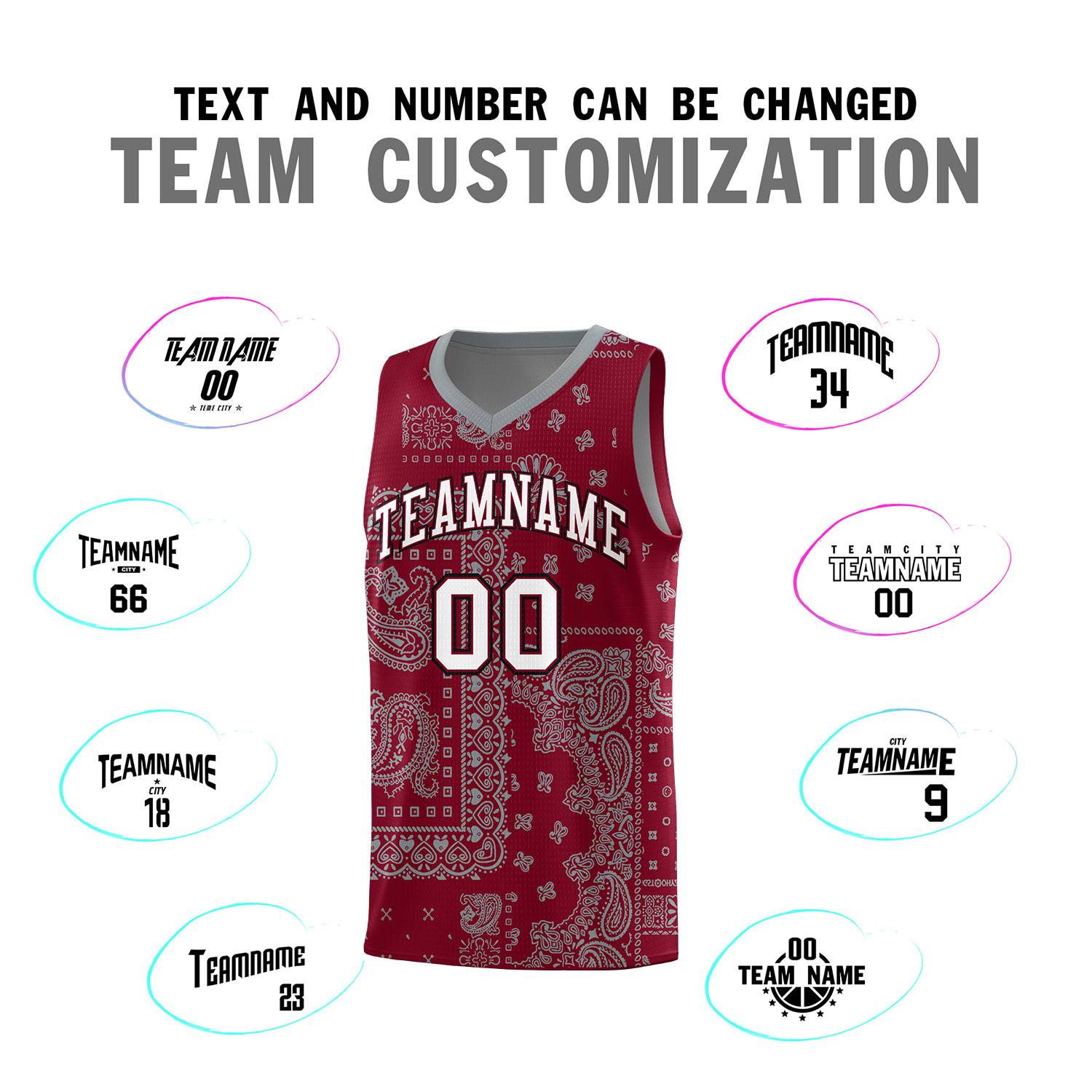 Custom Crimson Basketball Kits With Gray Cashew Flower Print Pattern