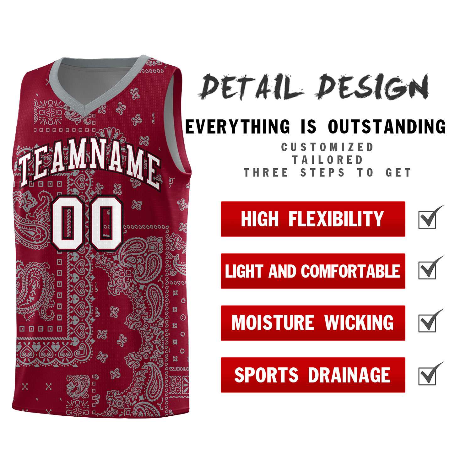 Custom Crimson Basketball Kits With Gray Cashew Flower Print Pattern