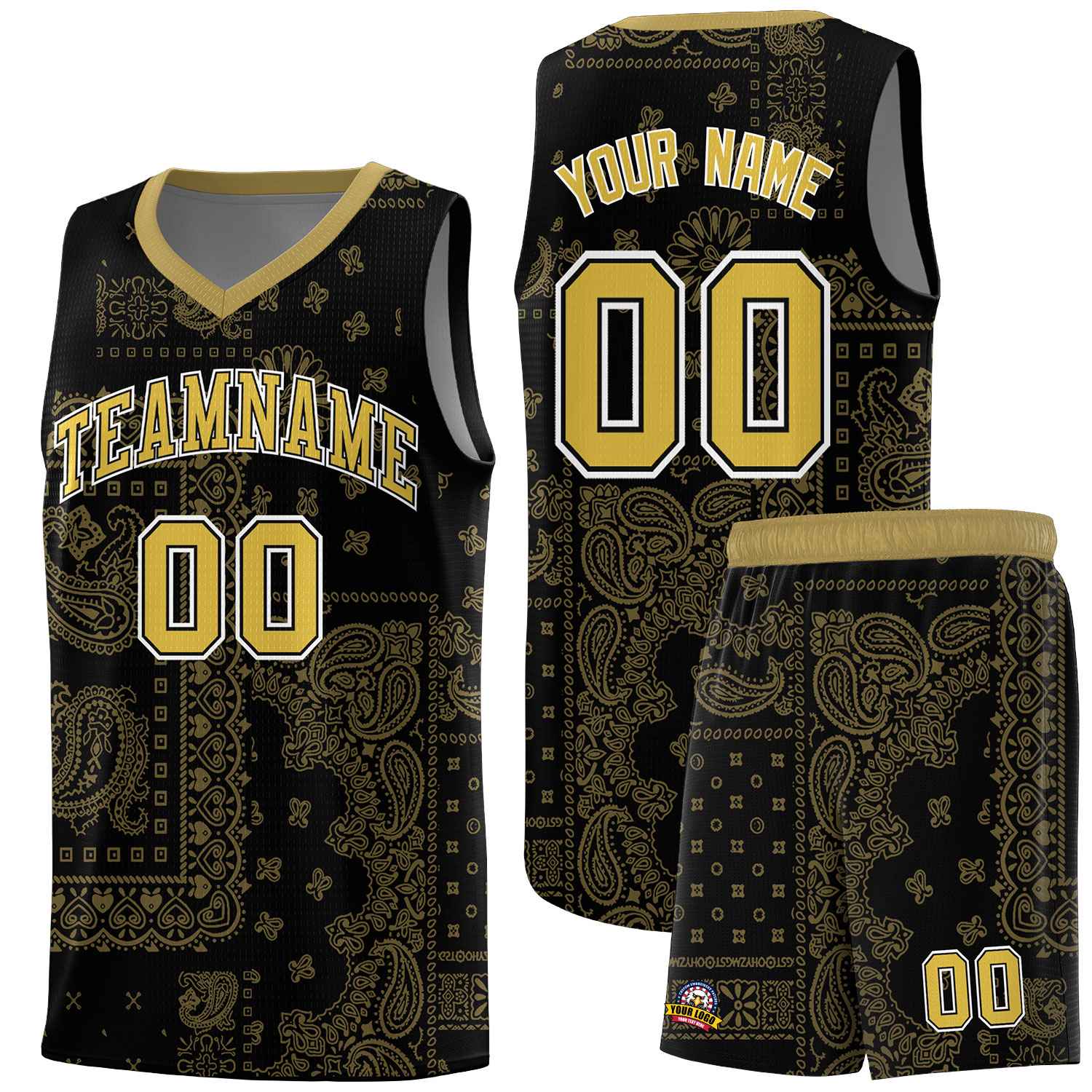 Custom Black Basketball Kits With Old Gold Cashew Flower Print Pattern