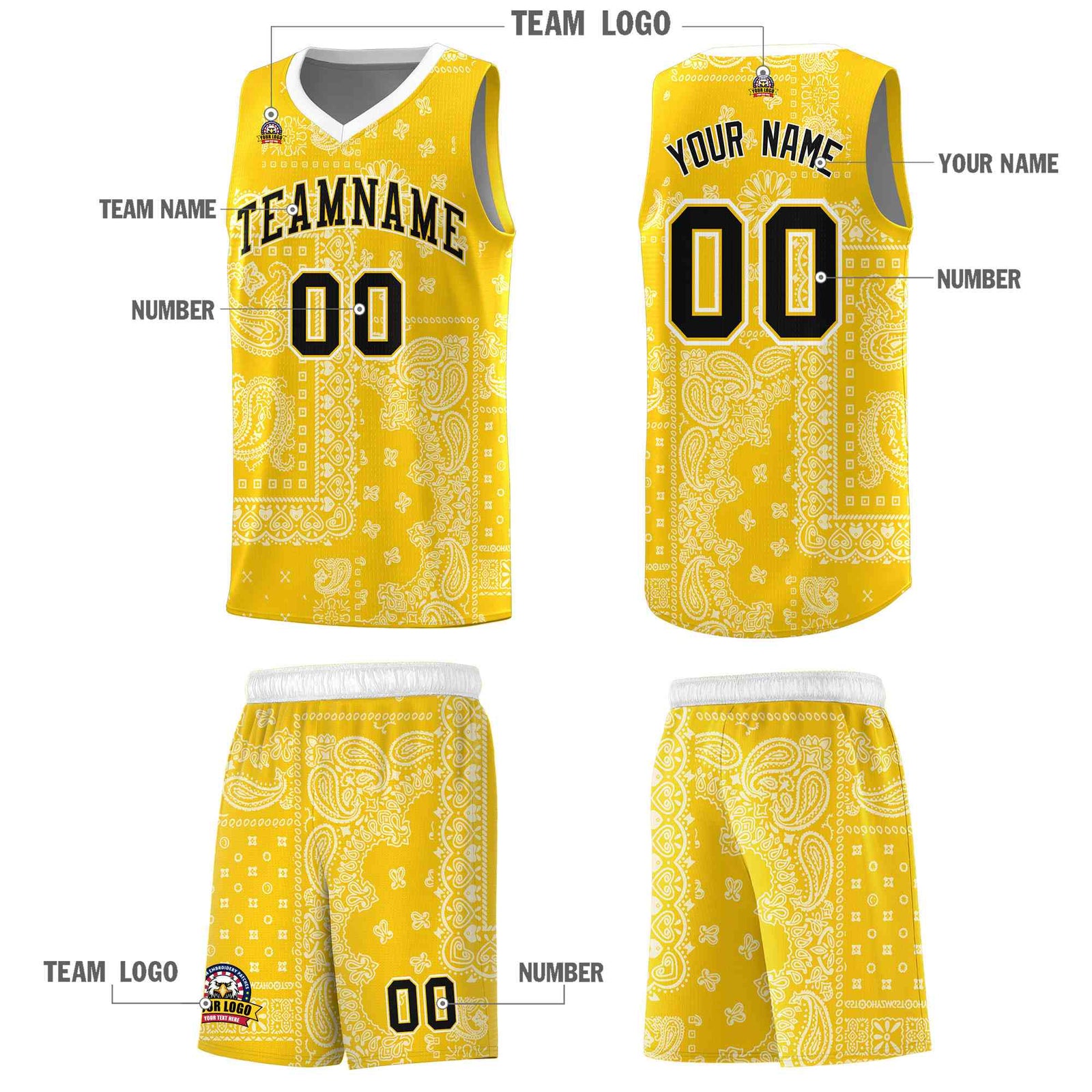Custom Gold Basketball Kits With White Cashew Flower Print Pattern