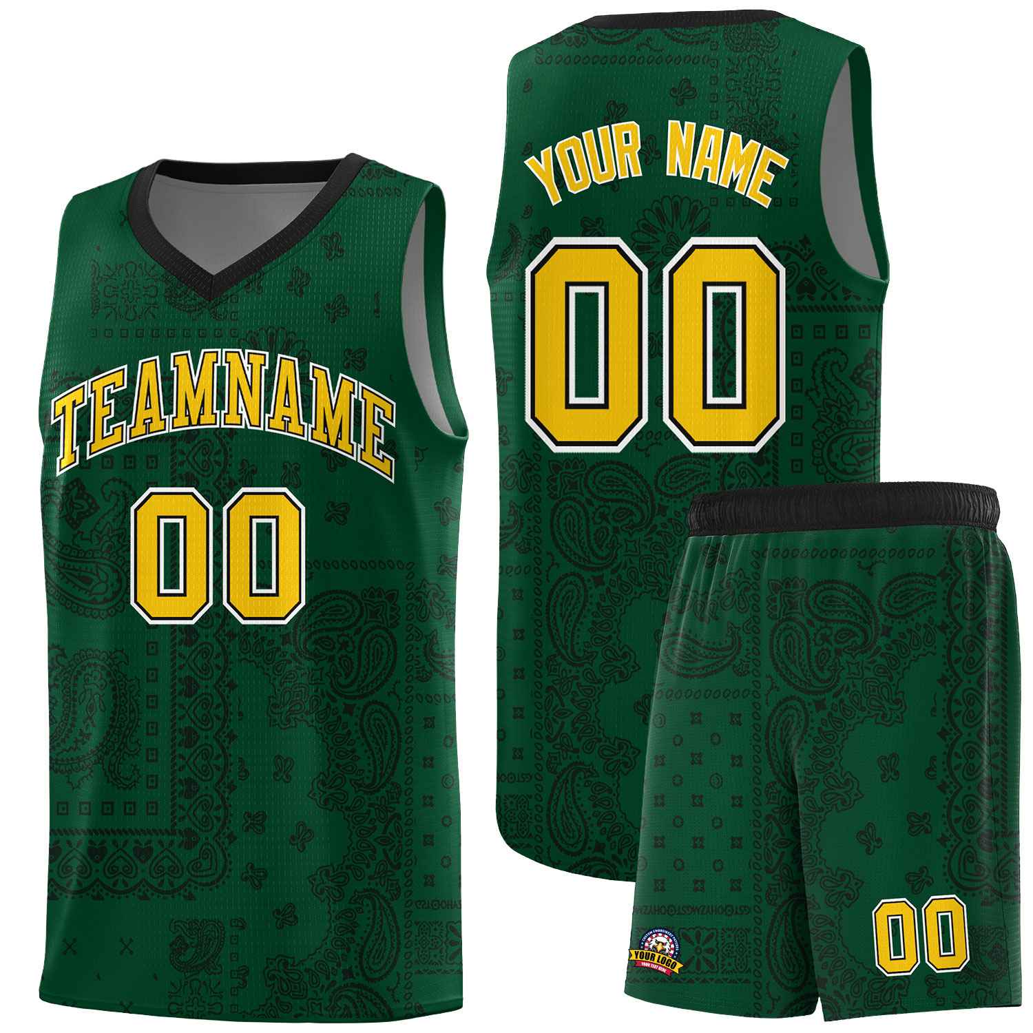Custom Green Basketball Kits With Black Cashew Flower Print Pattern