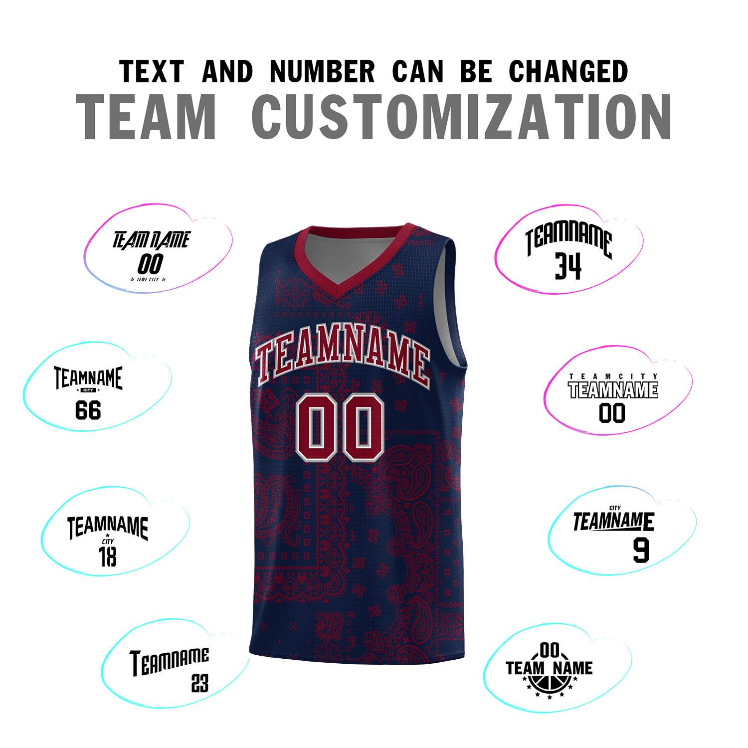 Custom Navy Basketball Kits With Crimson Cashew Flower Print Pattern