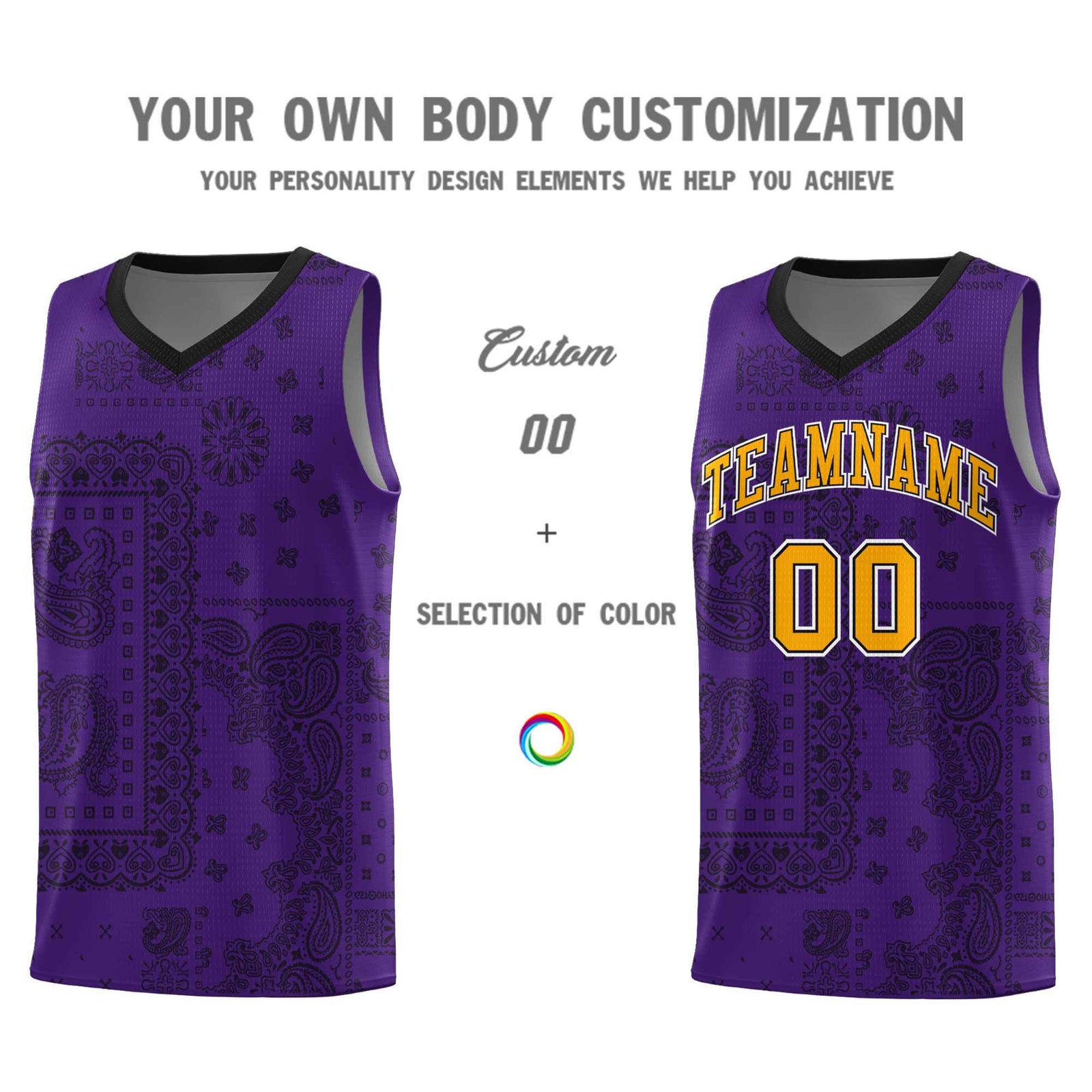 Custom Purple Basketball Kits With Black Cashew Flower Print Pattern