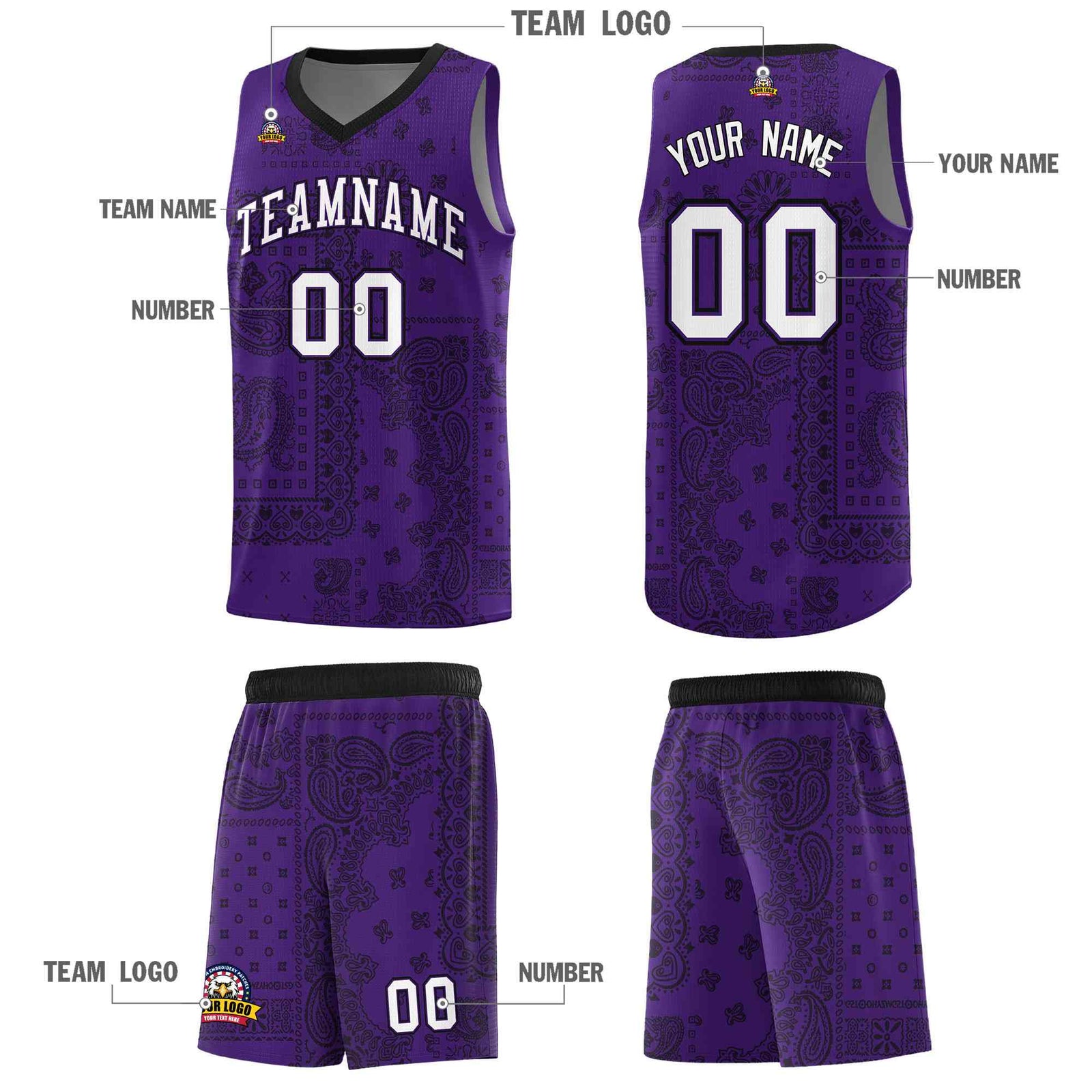 Custom Purple Basketball Kits With Black Cashew Flower Print Pattern
