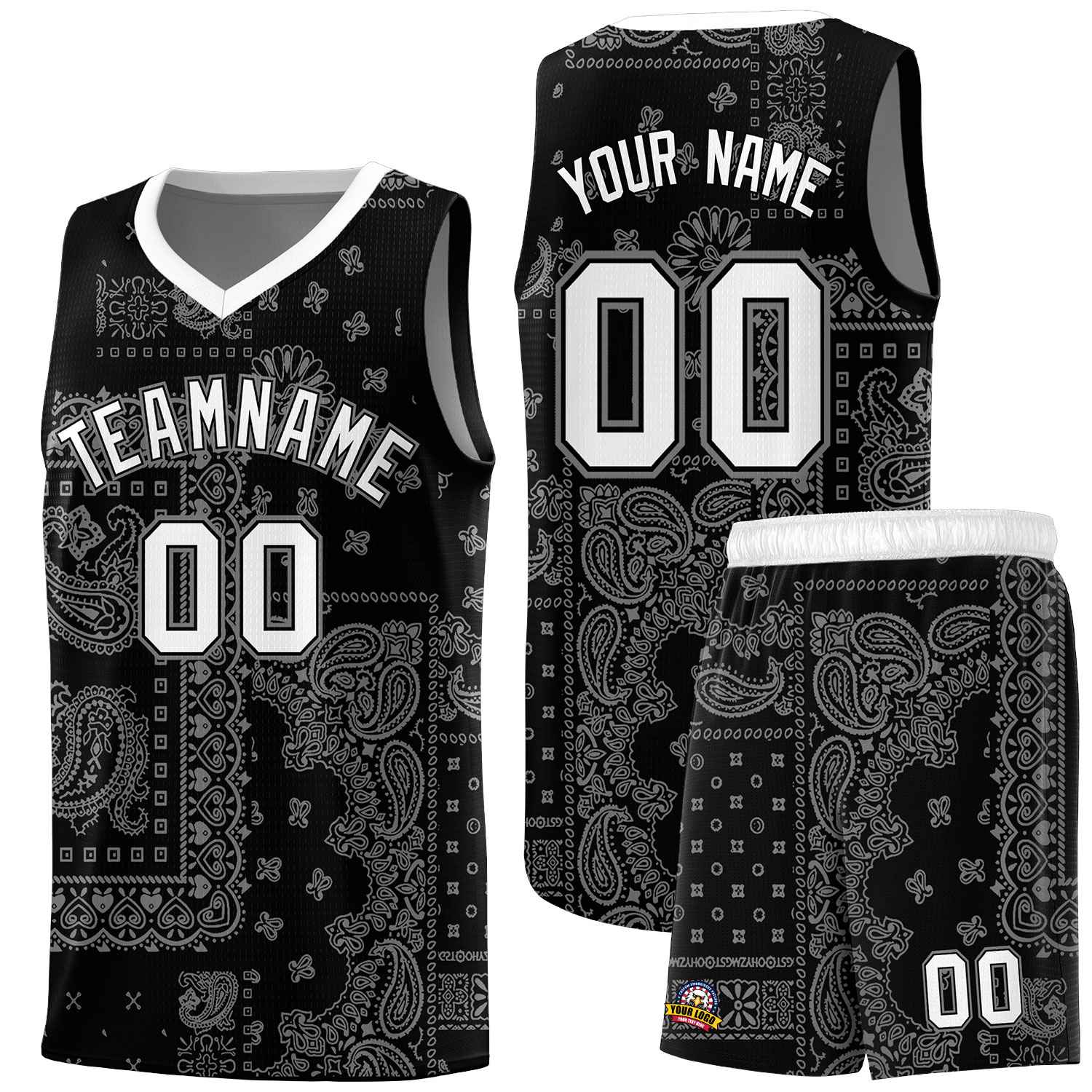 Custom Black Basketball Kits With White Cashew Flower Print Pattern