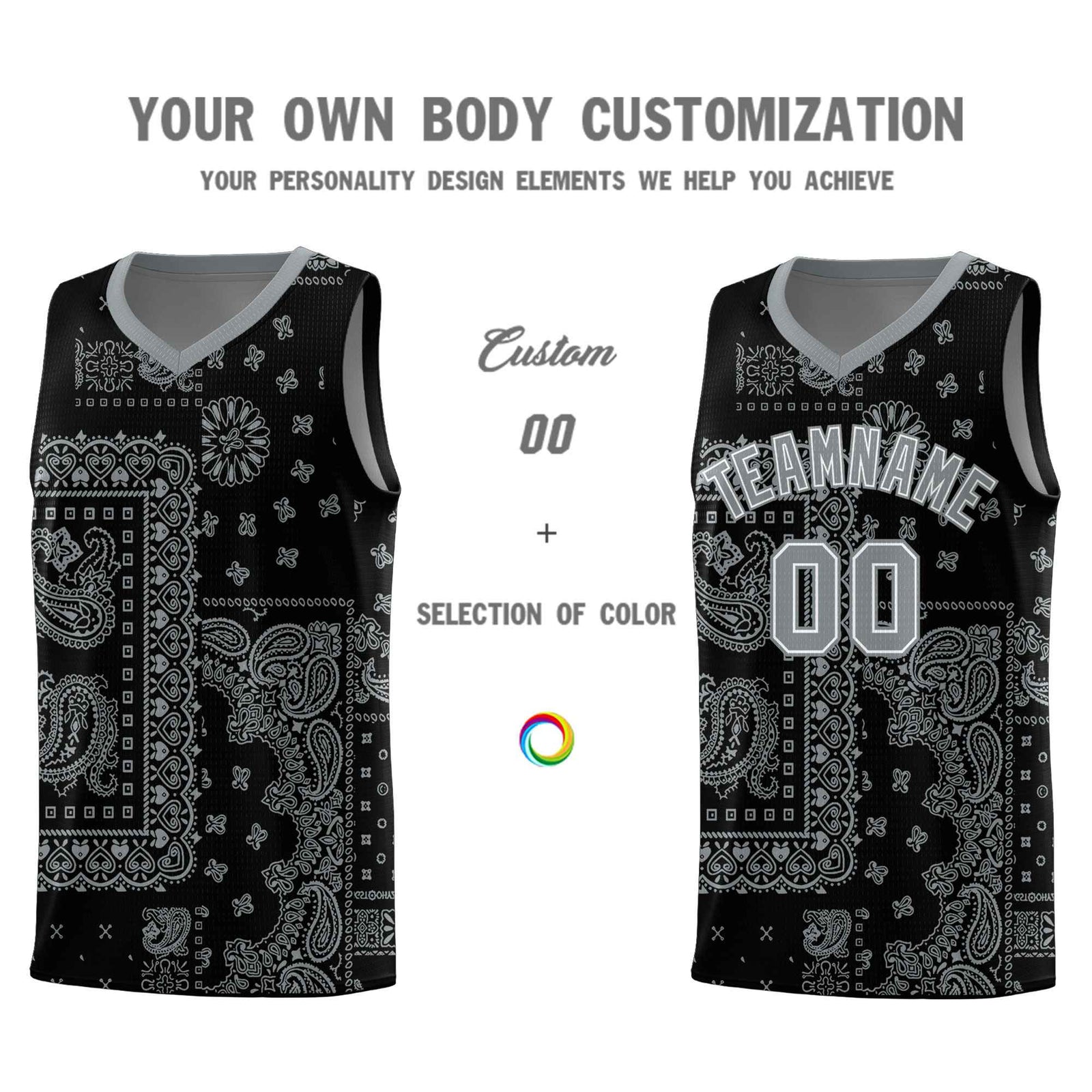 Custom Black Basketball Kits With Silver Cashew Flower Print Pattern