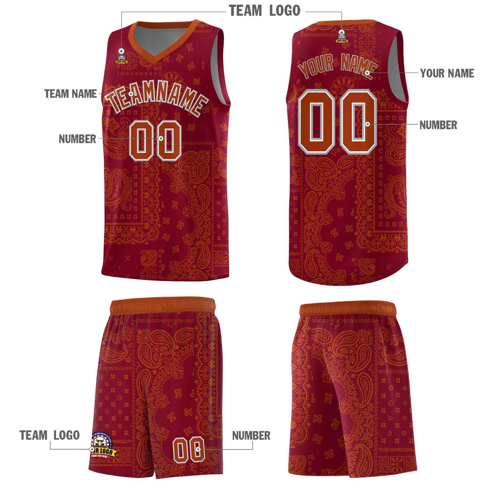 Custom Crimson Basketball Kits With Texas Orange Cashew Flower Print Pattern
