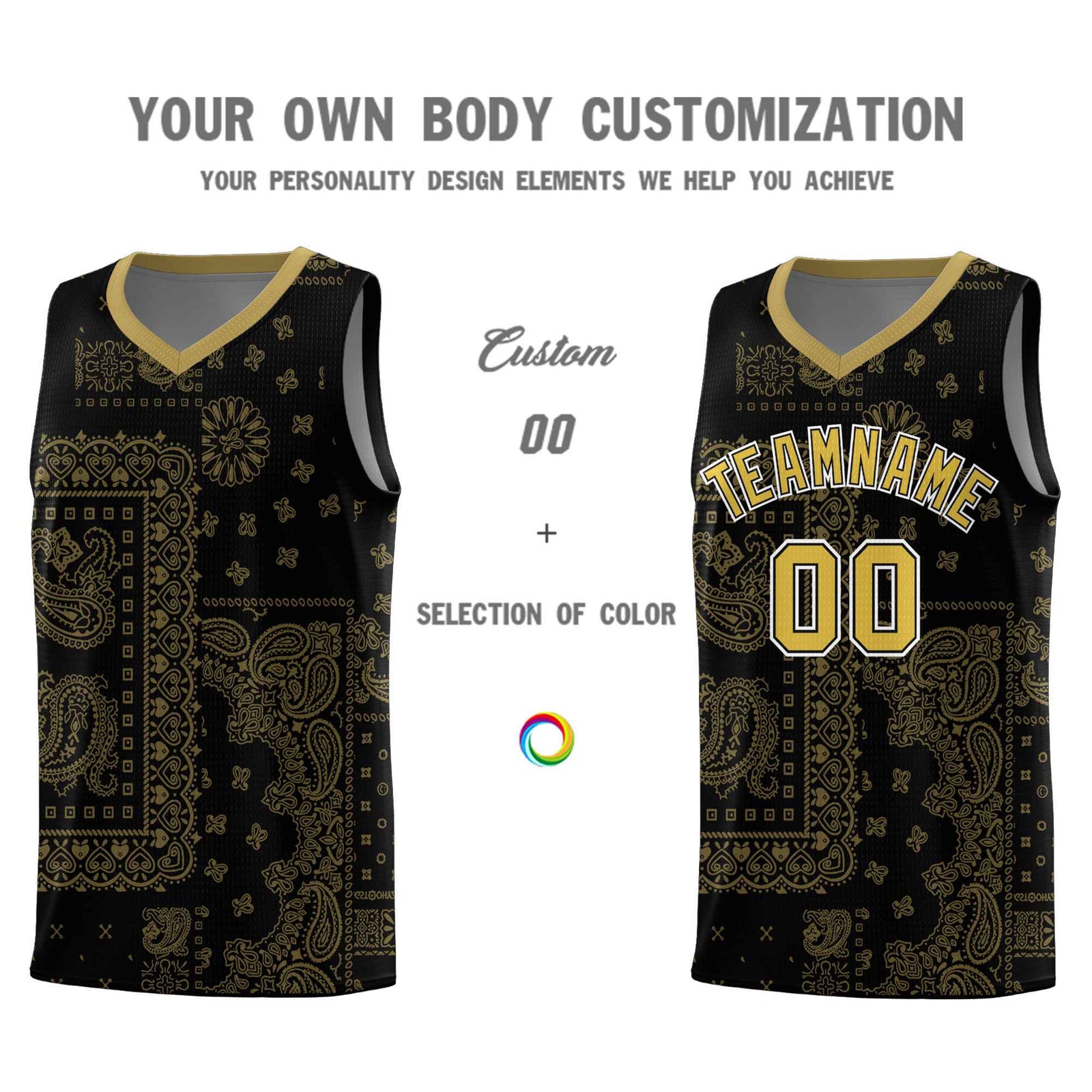 Custom Black Basketball Kits With Old Gold Cashew Flower Print Pattern