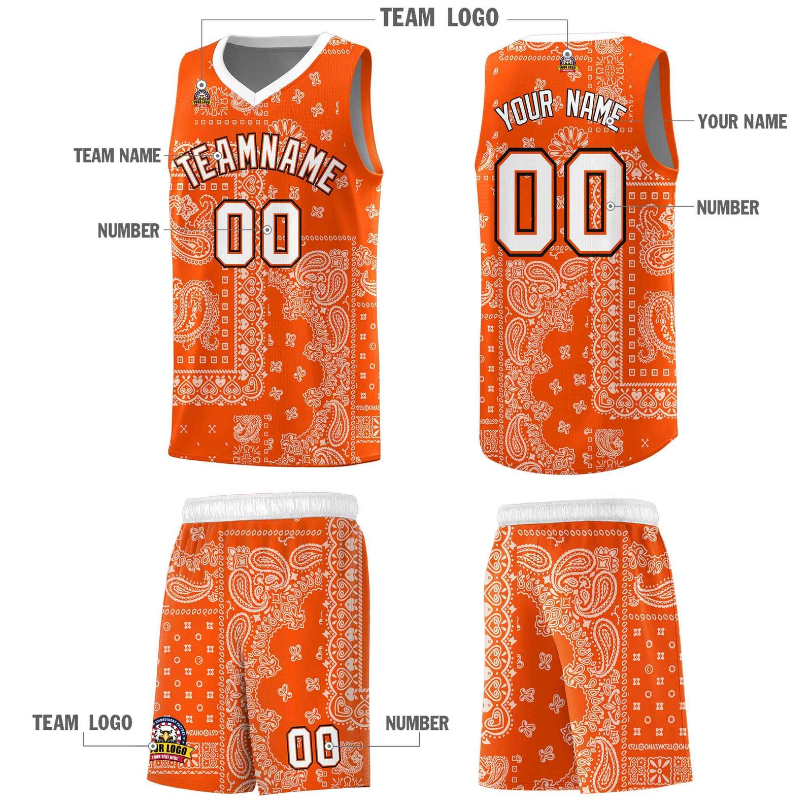 Custom Orange Basketball Kits With White Cashew Flower Print Pattern
