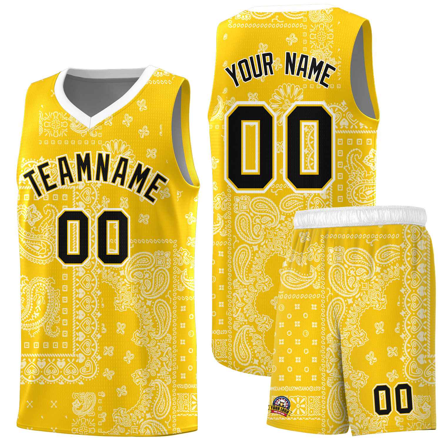 Custom Gold Basketball Kits With White Cashew Flower Print Pattern
