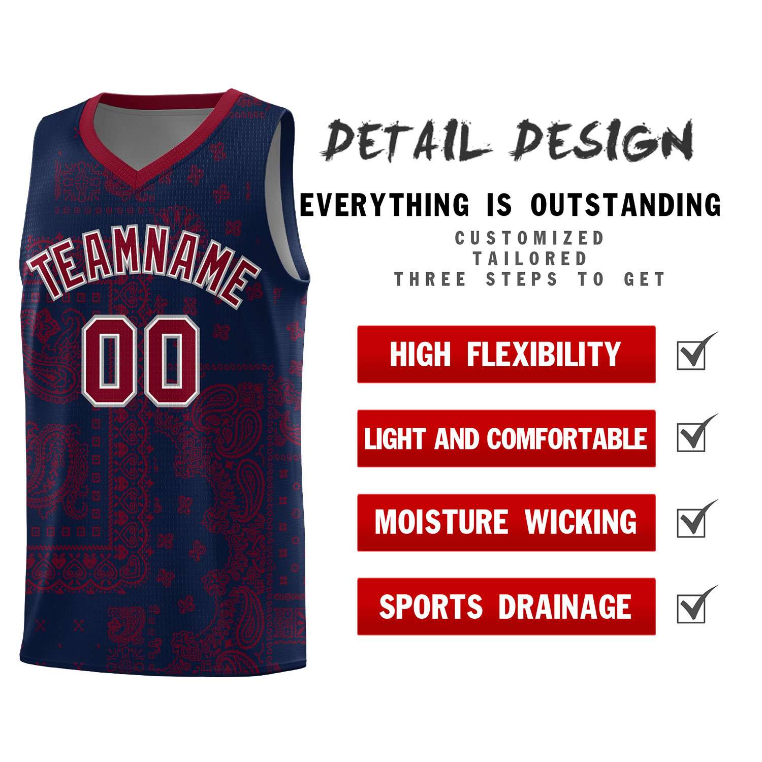 Custom Navy Basketball Kits With Crimson Cashew Flower Print Pattern