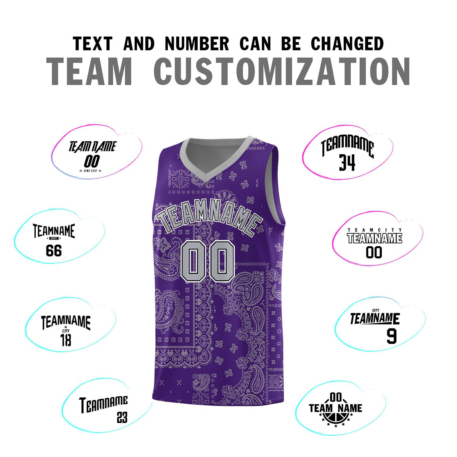 Custom Purple Basketball Kits With Gray Cashew Flower Print Pattern