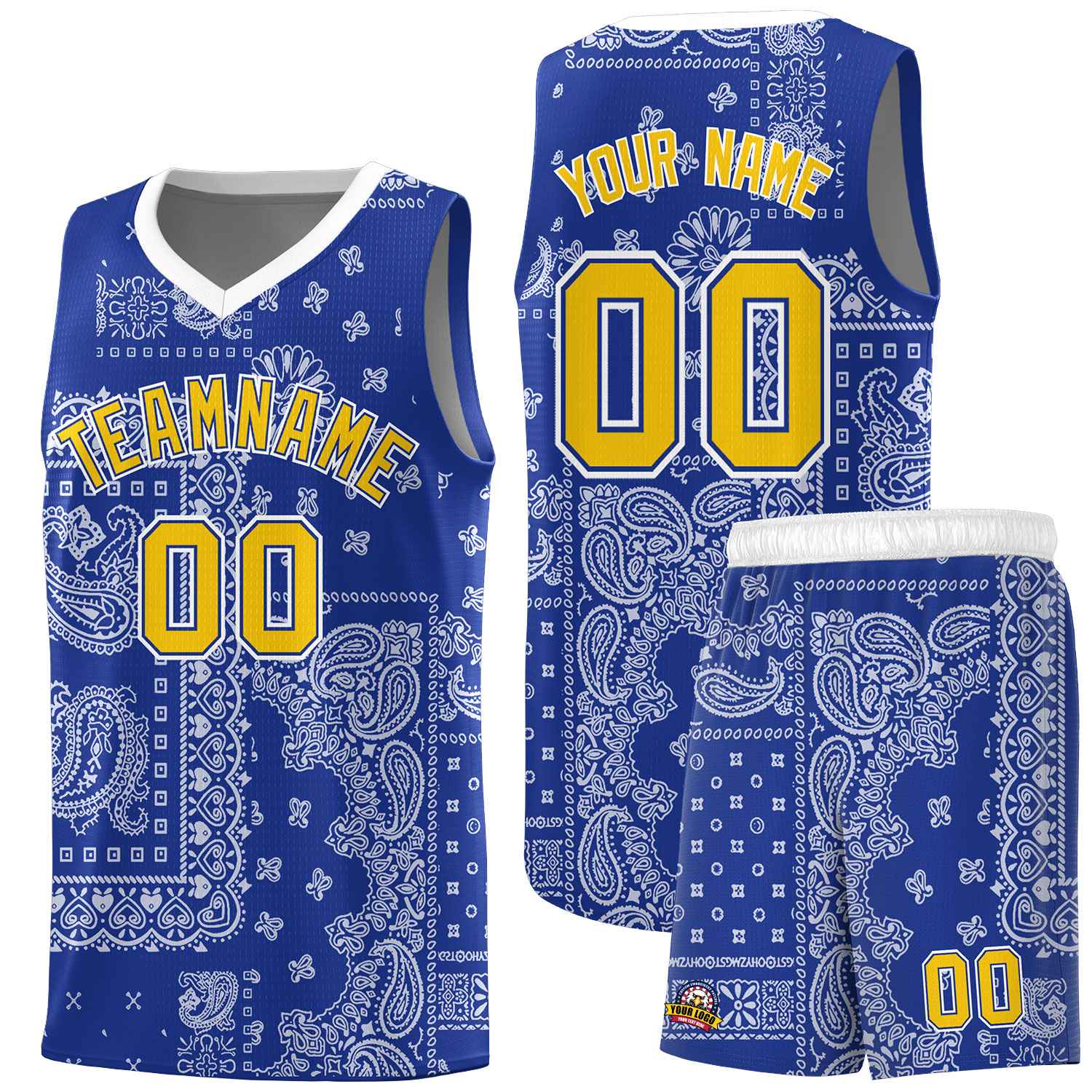 Custom Royal Basketball Kits With White Cashew Flower Print Pattern