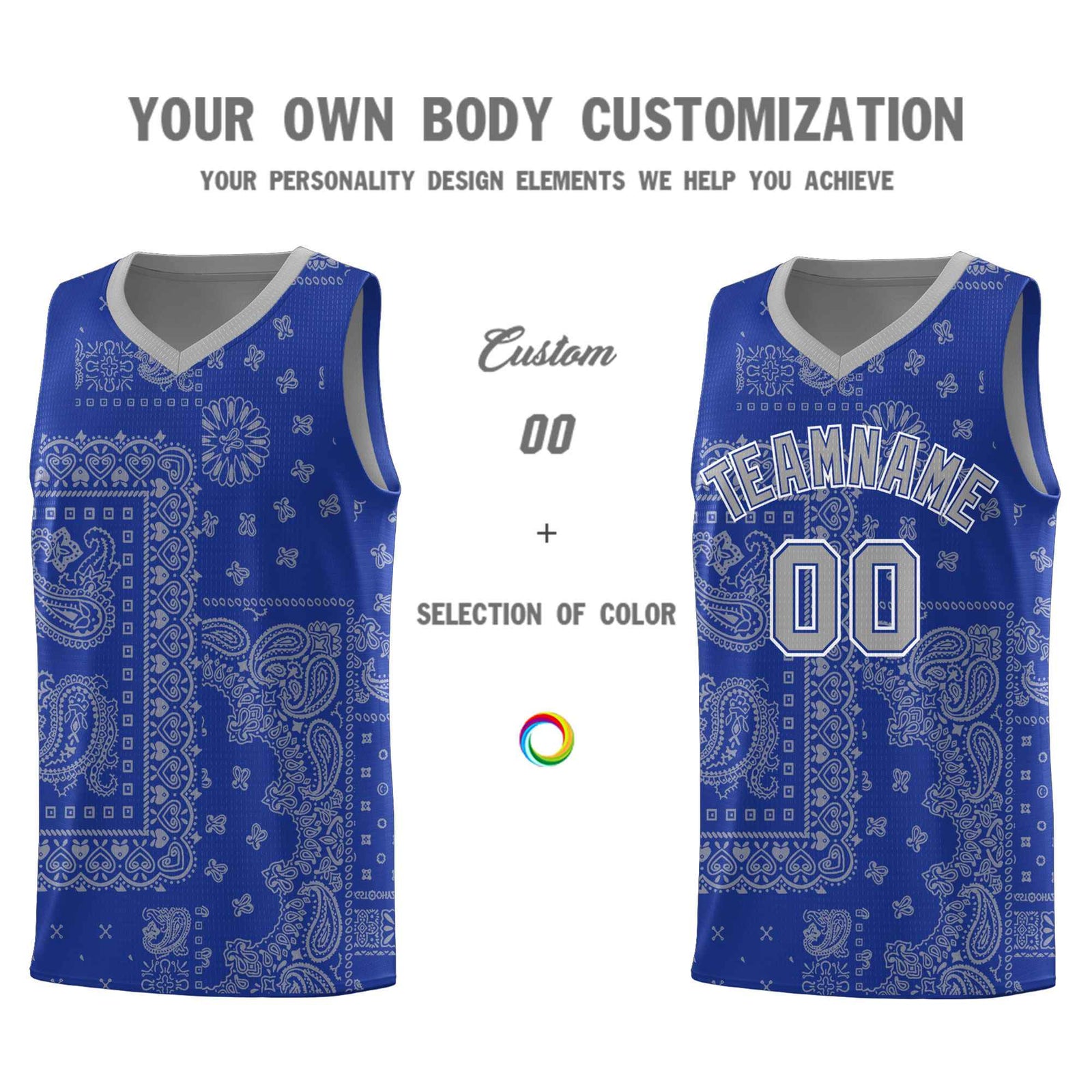 Custom Royal Basketball Kits With Silver Cashew Flower Print Pattern