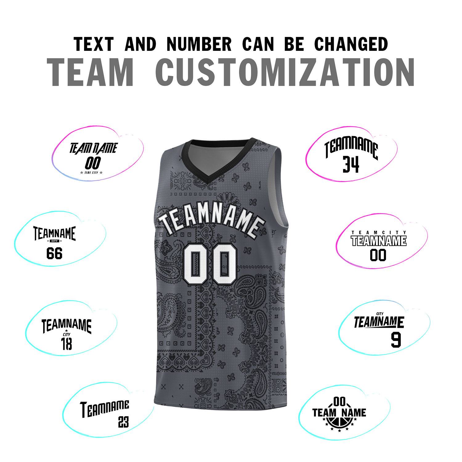 Custom Gray Basketball Kits With Black Cashew Flower Print Pattern
