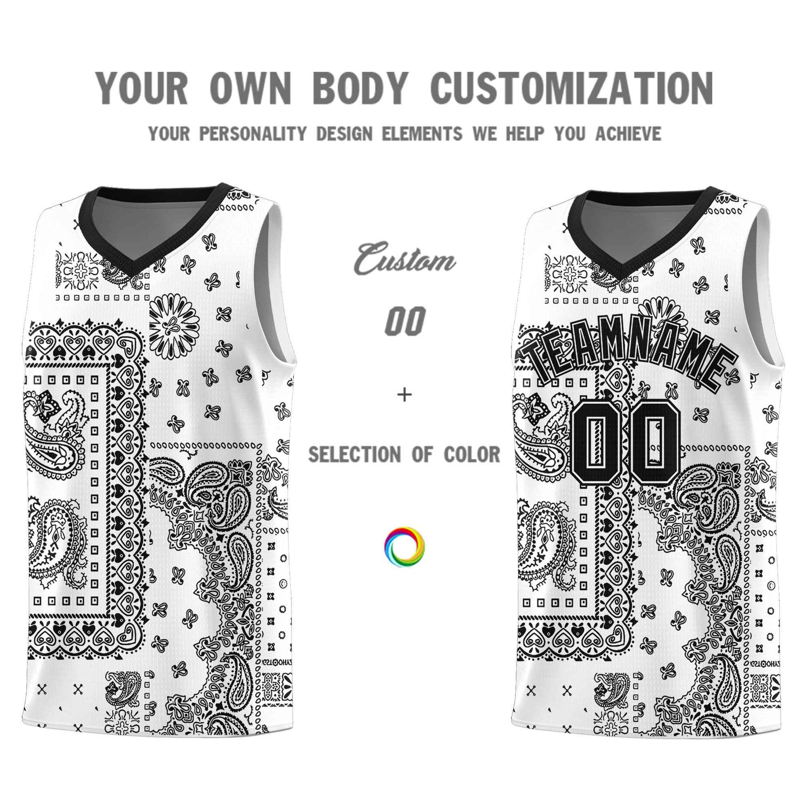 Custom White Basketball Kits With Black Cashew Flower Print Pattern