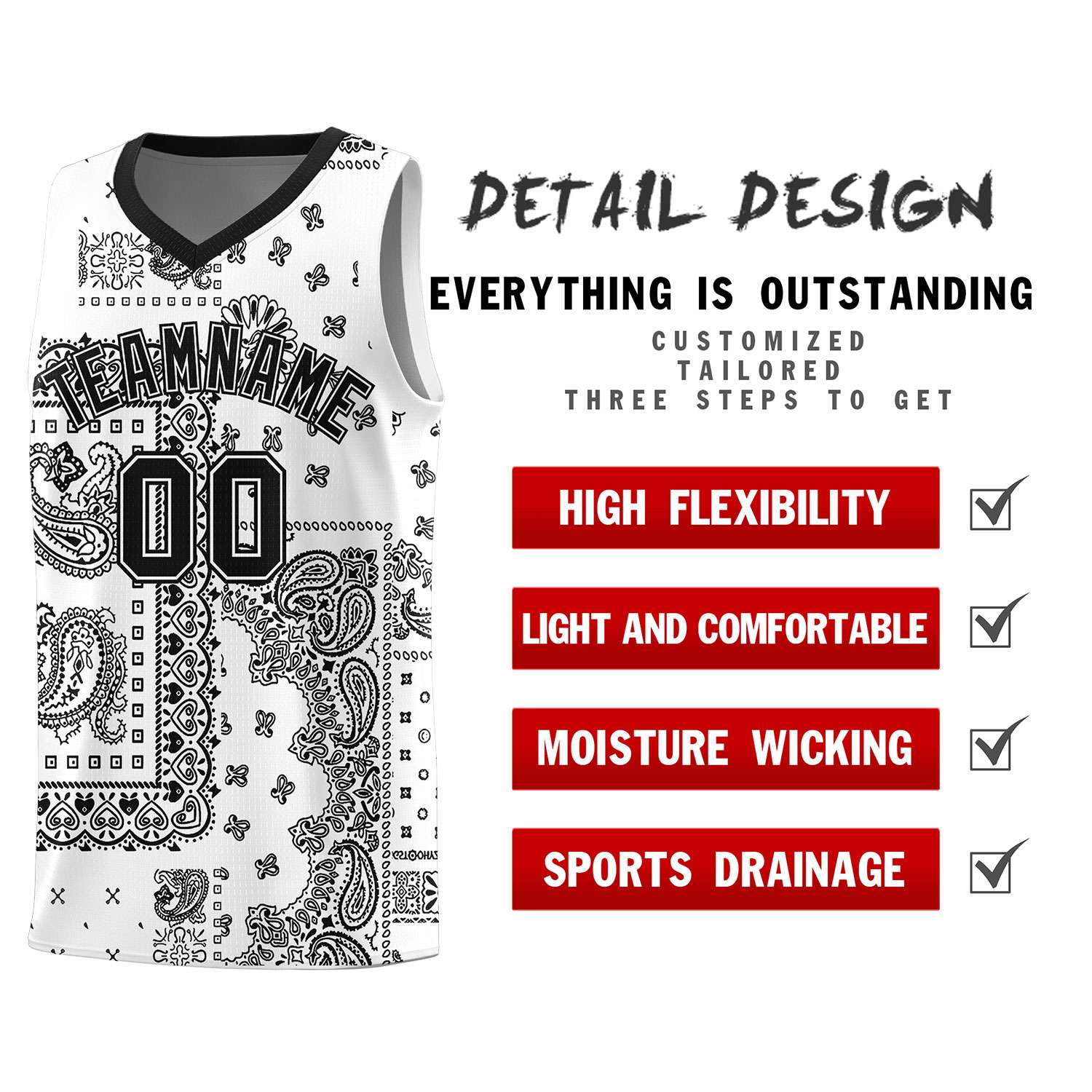 Custom White Basketball Kits With Black Cashew Flower Print Pattern
