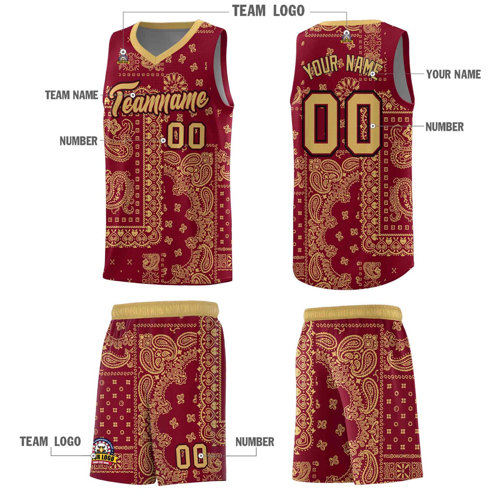 Custom Crimson Basketball Kits With Old Gold Cashew Flower Print Pattern