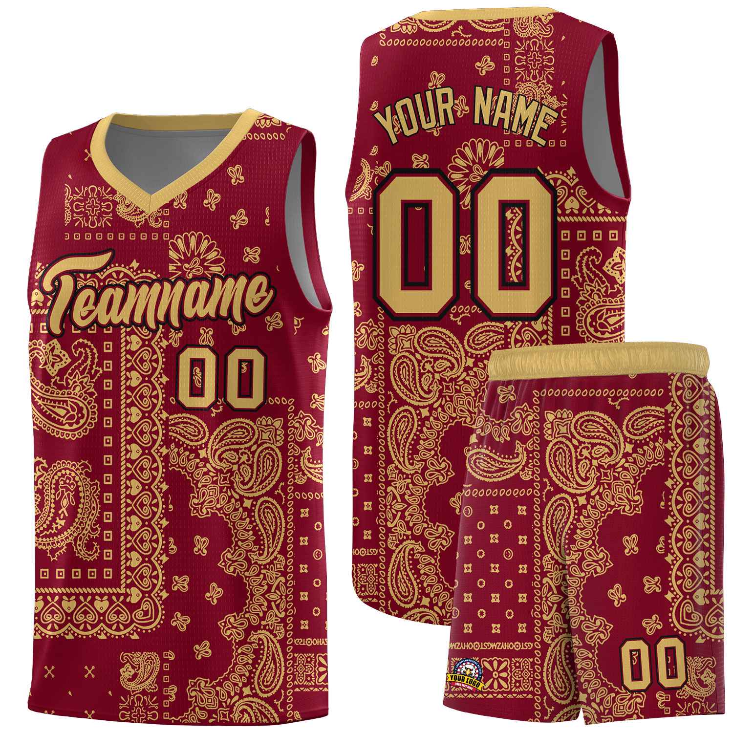 Custom Crimson Basketball Kits With Old Gold Cashew Flower Print Pattern